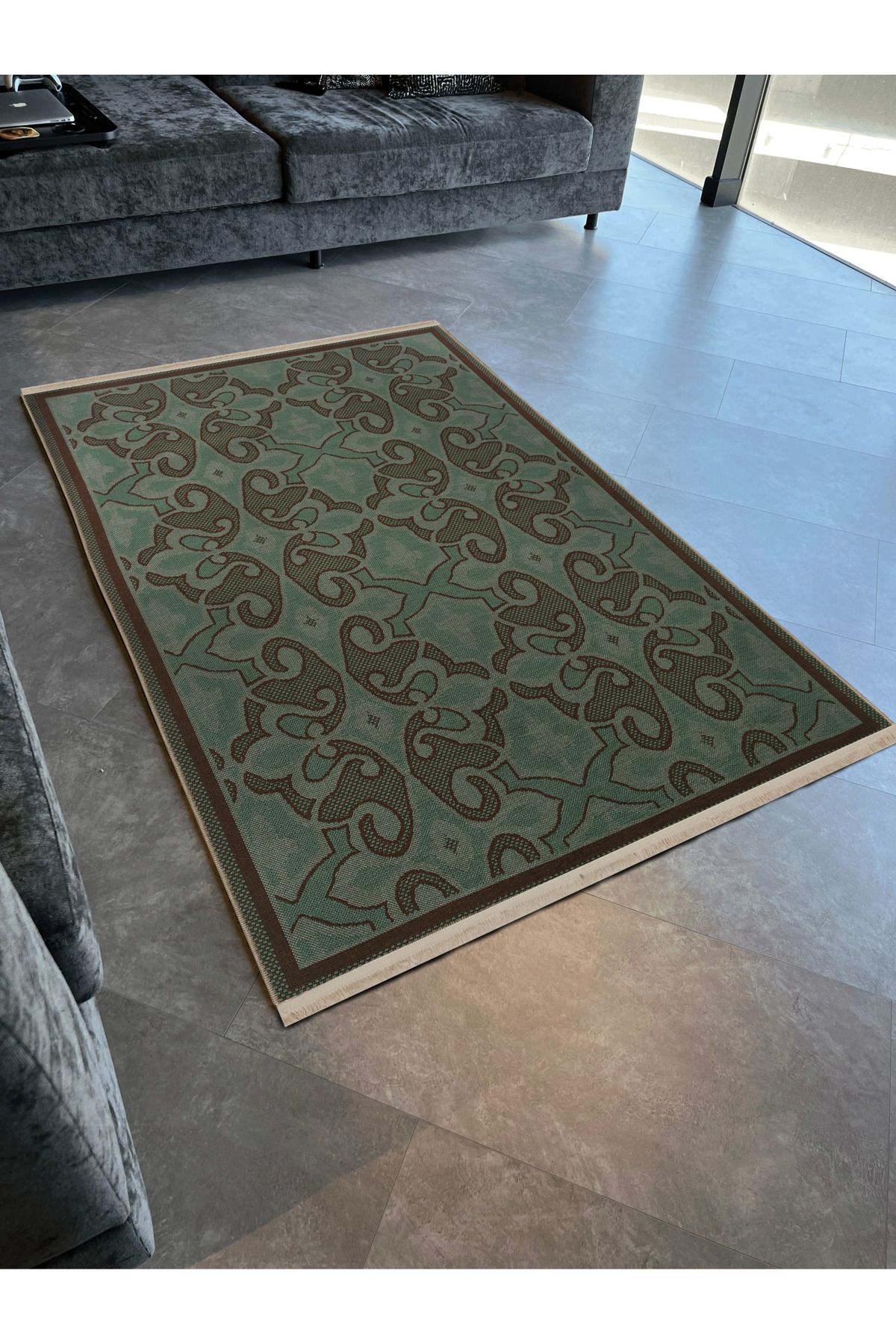 Yeşil Kahverengi Temalı Soyut Desenli Kreatif Vintage Dekoratif Halı 2958
