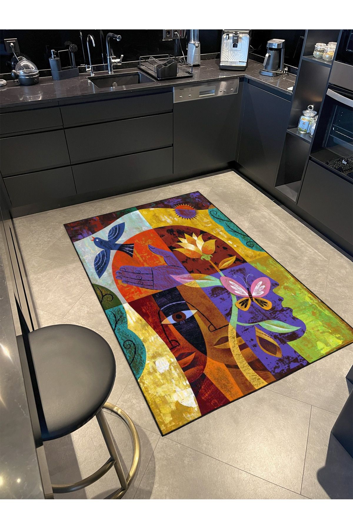 İnsan Kafası Floral Çiçekli Desenli Dekoratif Yıkanabilir Halı miravip8690
