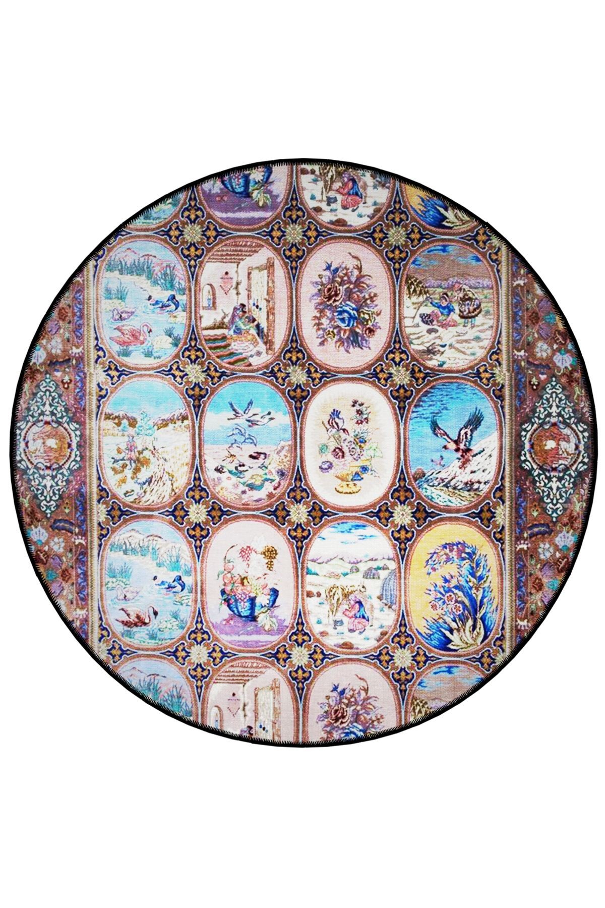Çok Renkli Karma Motifli Desenli Yuvarlak Dokuma Taban Vintage Dekoratif Halı 6190