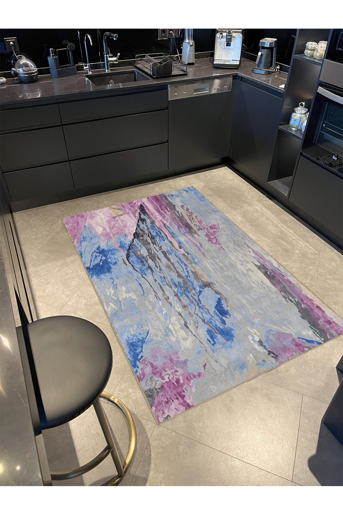 Pembe Mavi Temalı Soyut Mermer Desenli Kreatif Modern Dekoratif Halı 3984