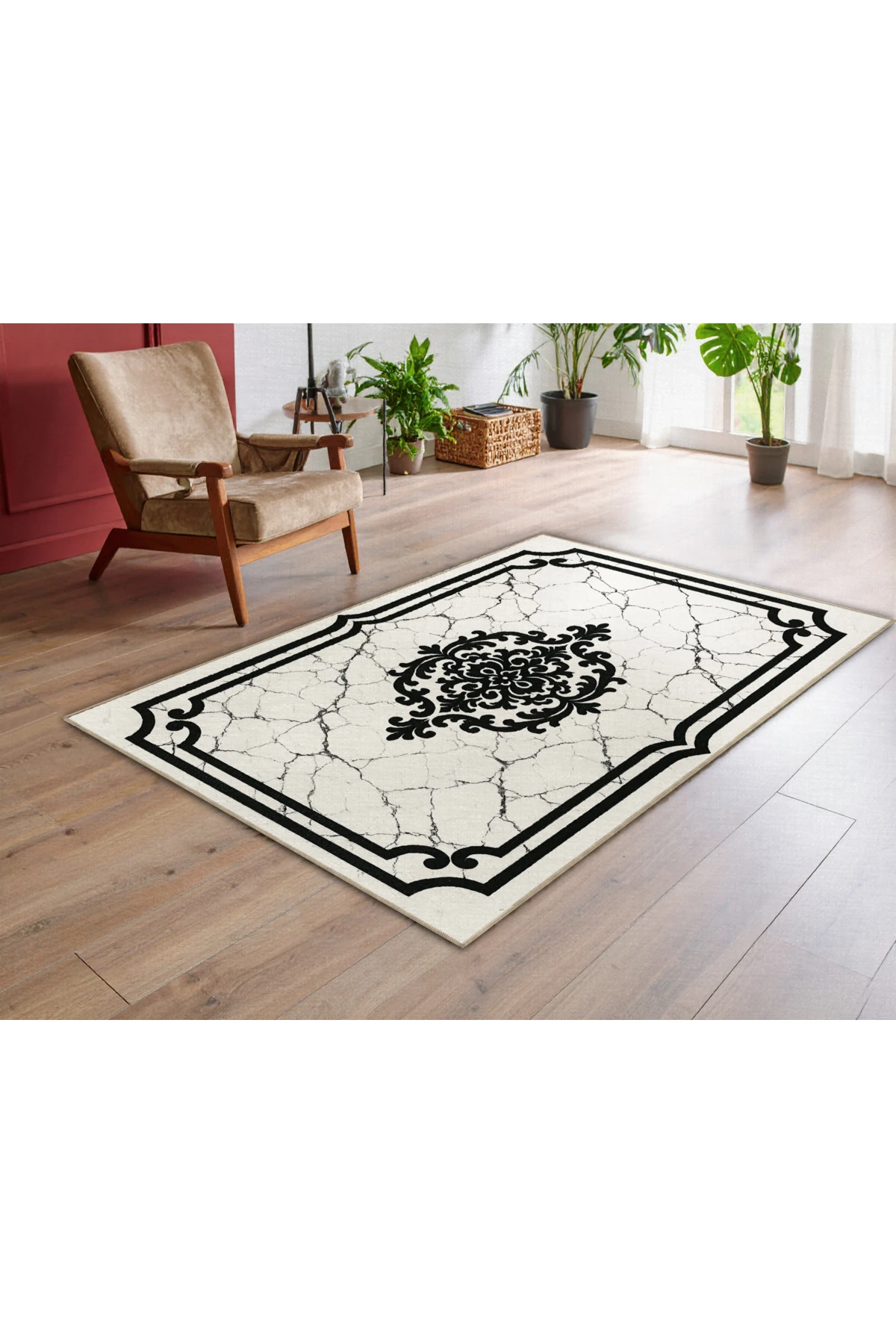 MOSSO Siyah Krem Tema Geleneksel Motif ve Mermer Desenli Dokuma Taban Modern Dekoratif Halı mosso325