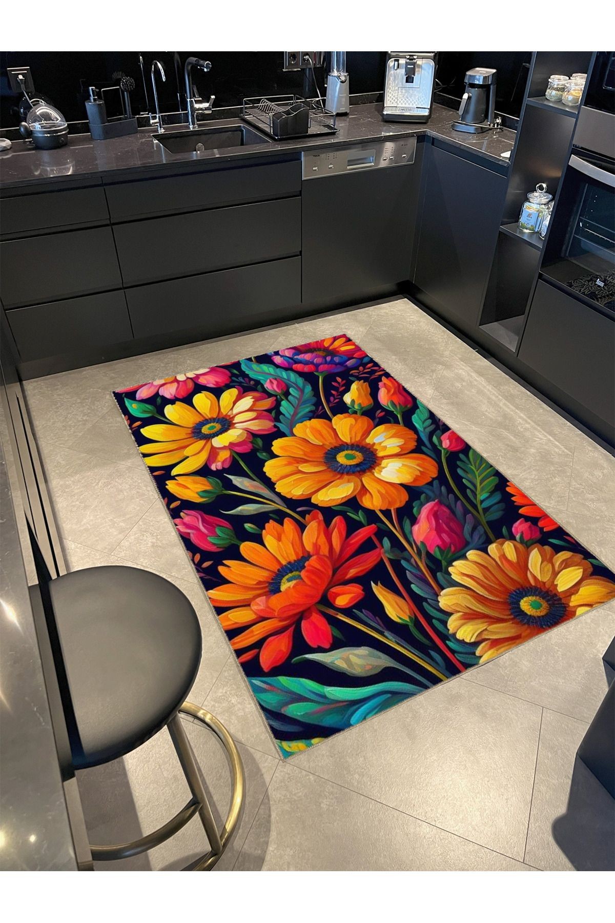 Floral Temalı Çok Renkli Yaprak ve Çiçek Papatya Desenli Modern Dekoratif Halı 4736