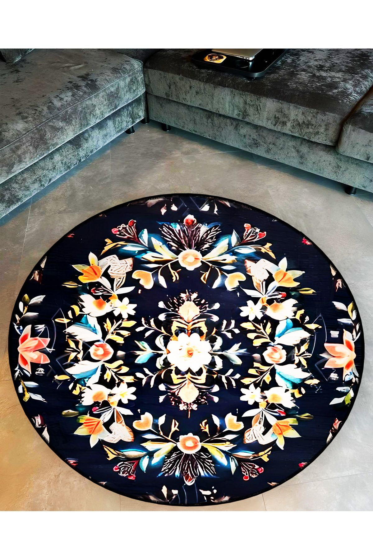 Mira Yuvarlak Siyah Zemin Üzerine Çok Renkli Çiçek Detaylı Dokuma Taban Modern Dekoratif Halı 5709