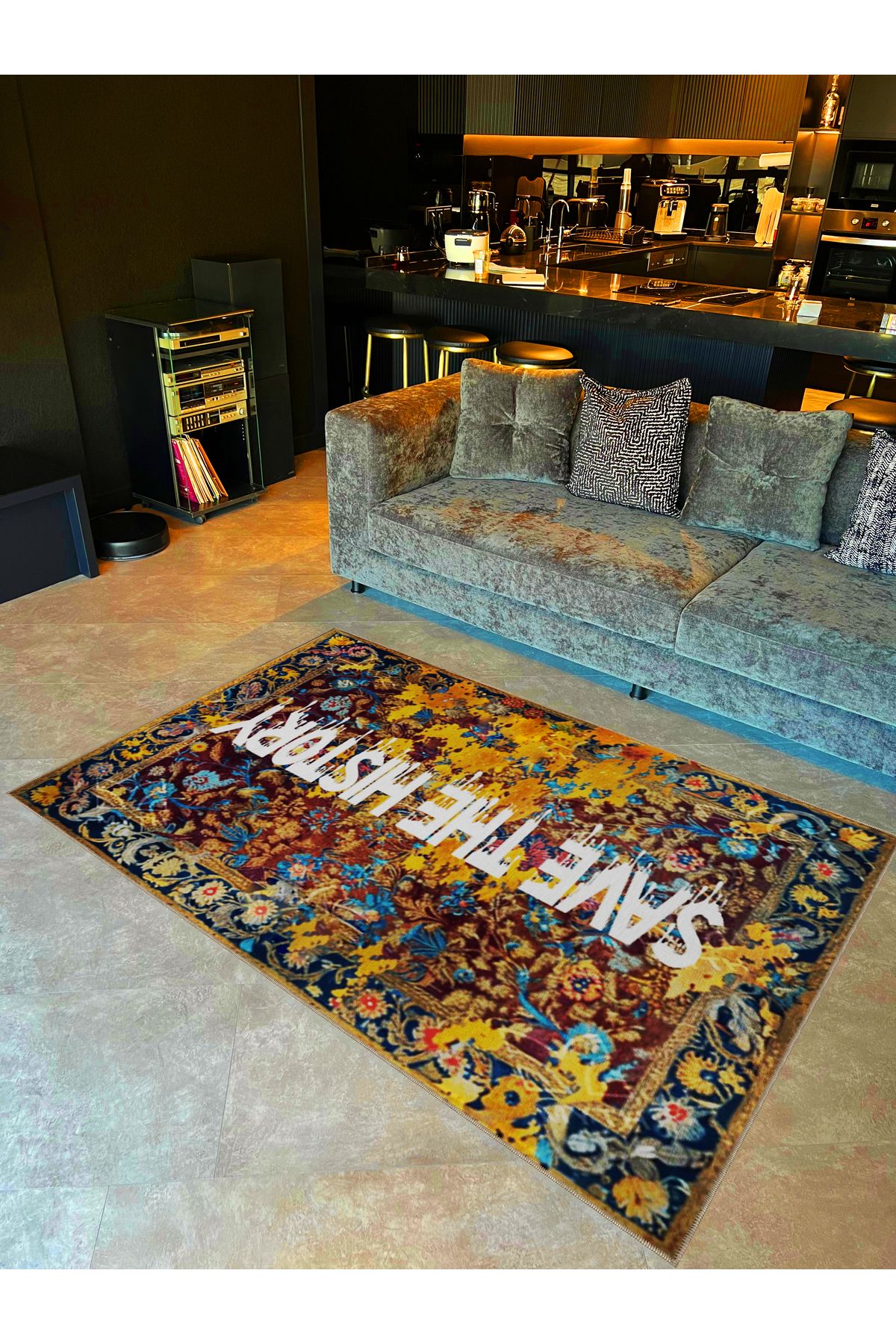 Written Koleksiyonu Save The Hsitory Yazılı Çiçek Desenli Modern Dekoratif Halı 05