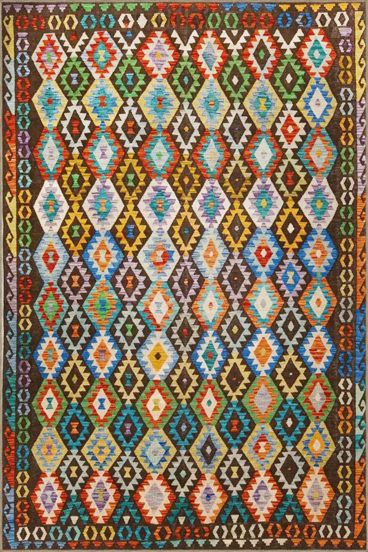 Çok Renkli Motifli Etnik Desenli Vintage Dekoratif Halı 3453
