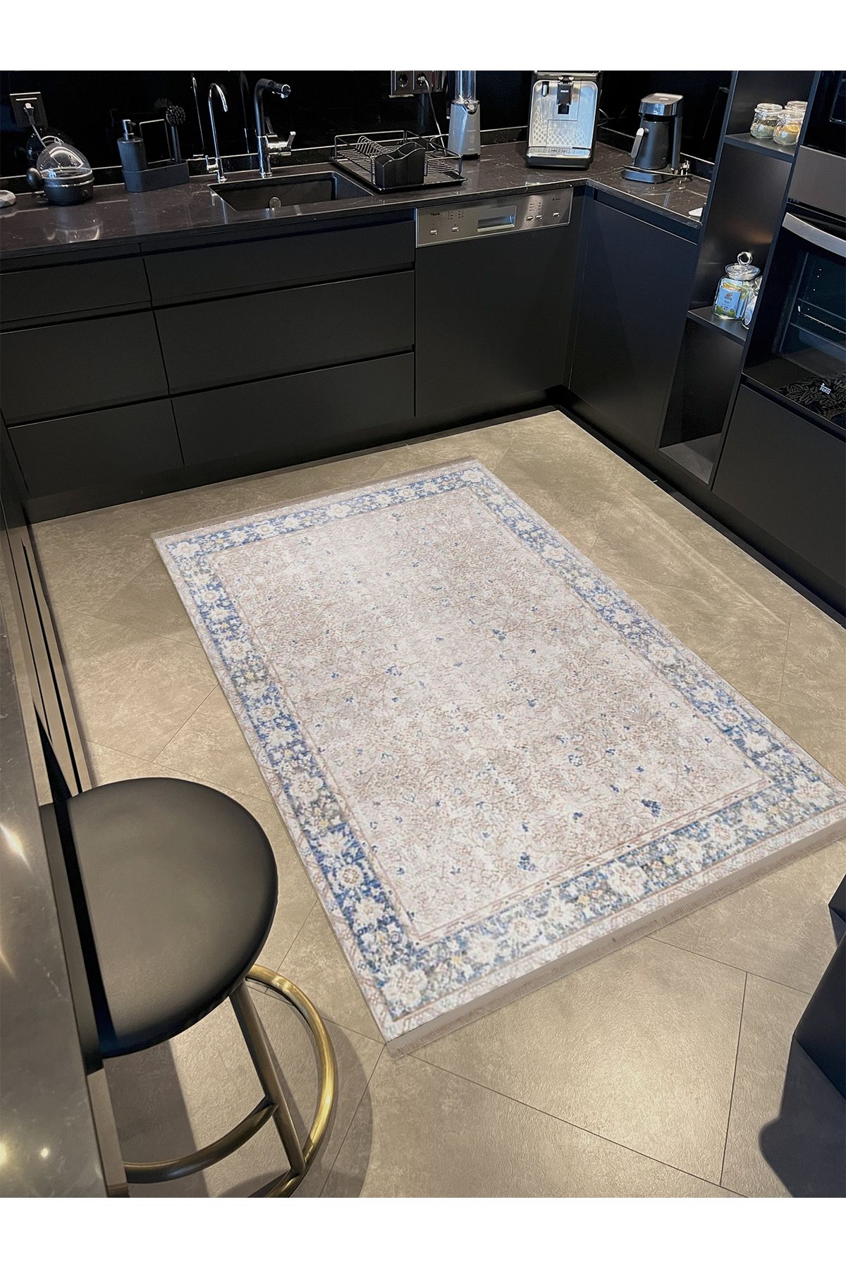 Güney Koleksiyonu Bej Mavi Tema Kenar Motifli Klasik Desenli Vintage Dekoratif Halı 17