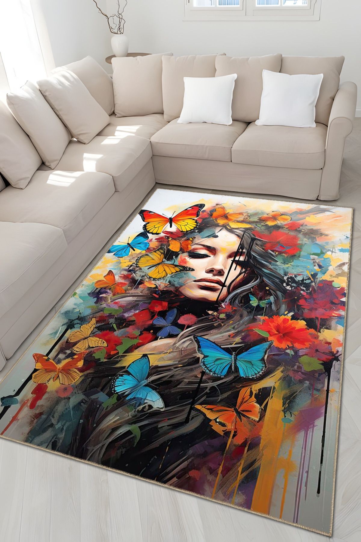 Çok Renkli Soyut Kelebekler ve Kadın Yüzü Desenli Modern Dekoratif Halı 5096
