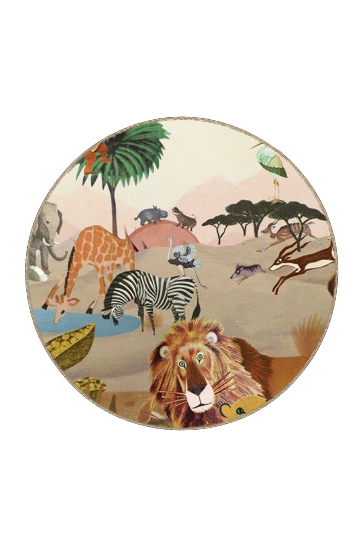 Vahşi Orman Temalı Aslan Zürafa ve Zebra Desenli Modern Dekoratif Halı 3552