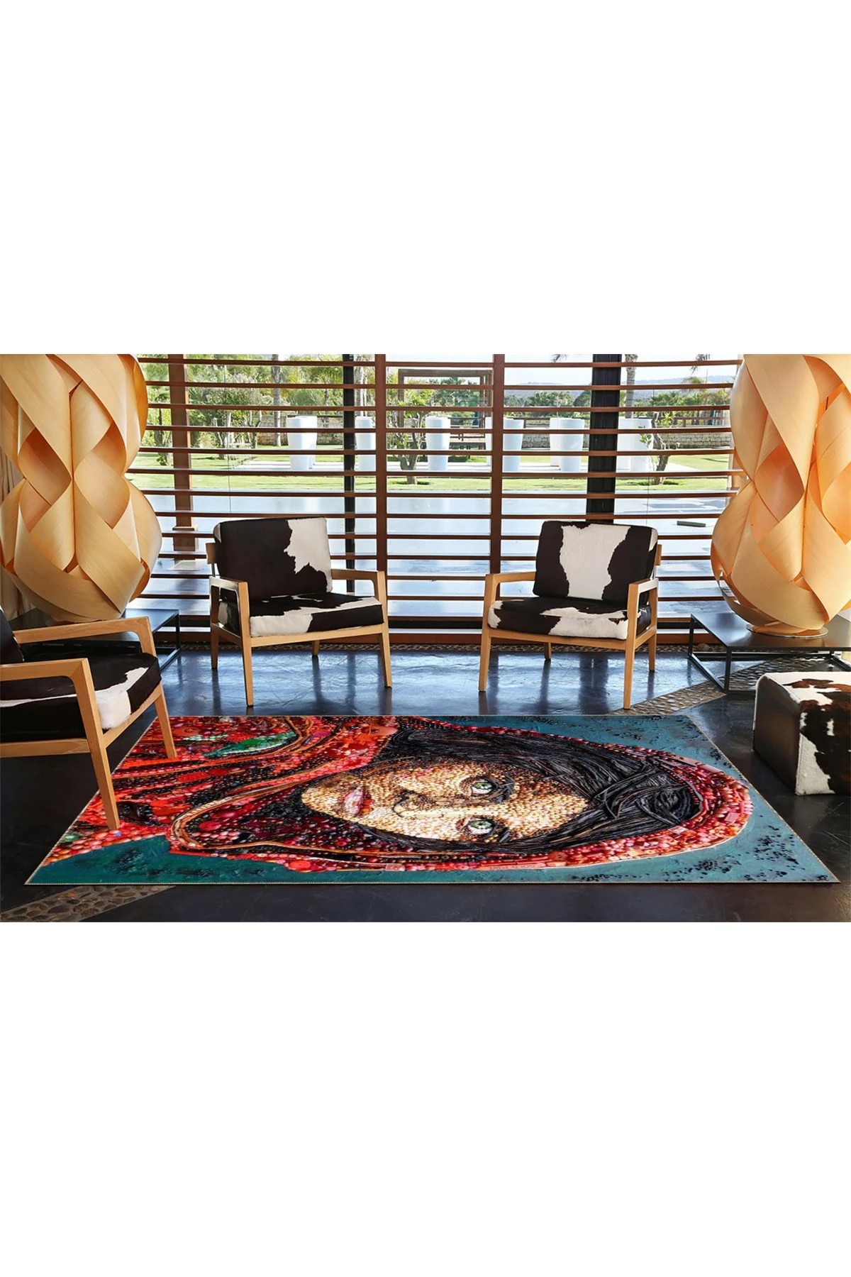 Mavi Kırmızı Temalı Soyut Kadın Portre Desenli Kreatif Modern Dekoratif Halı 3580