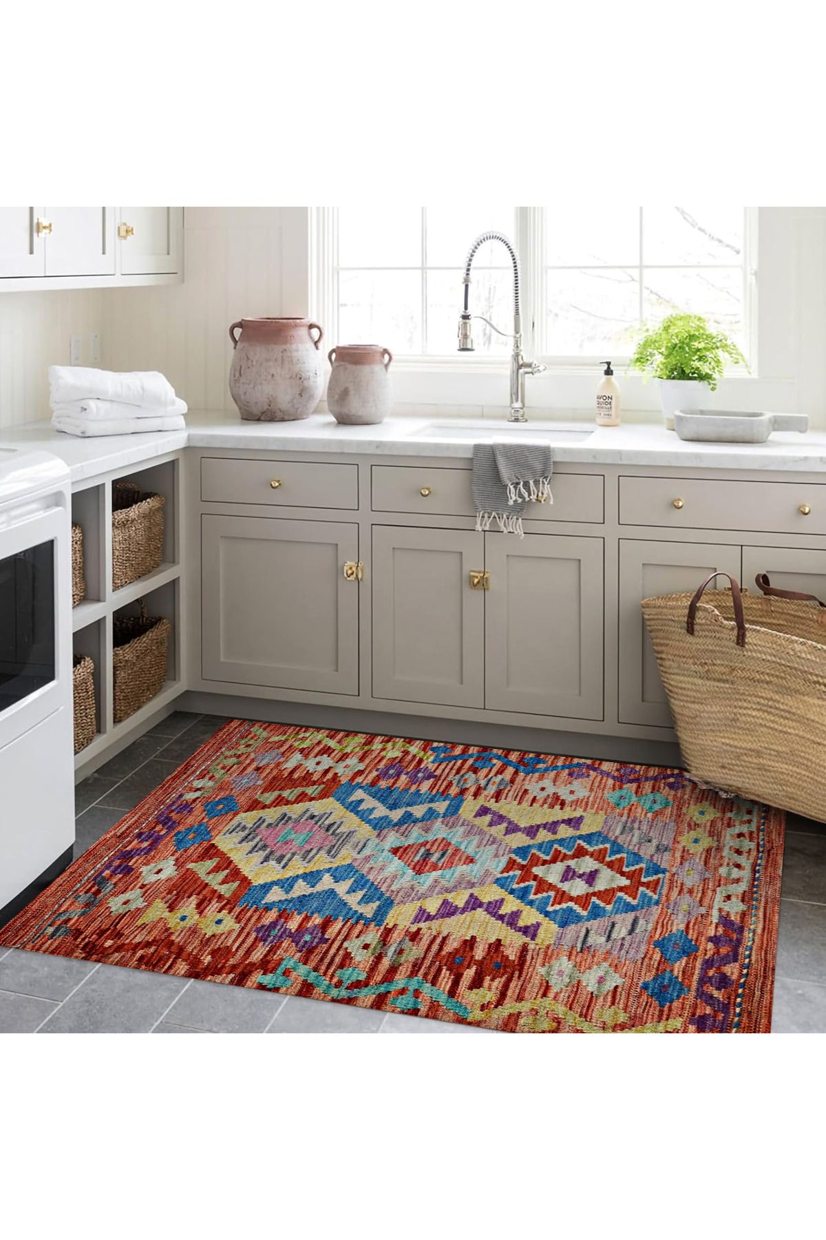 Mete Koleksiyonu Çok Renkli Geometrik Motifler Desenli Vintage Dekoratif Halı 09