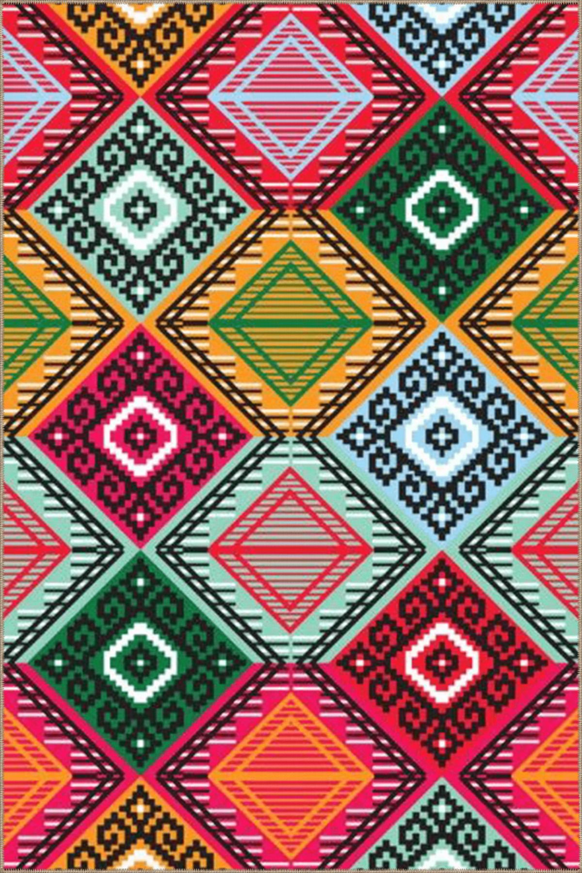 Çok Renkli Geleneksel Motif Etnik Desenli Vintage Dekoratif Halı 4675