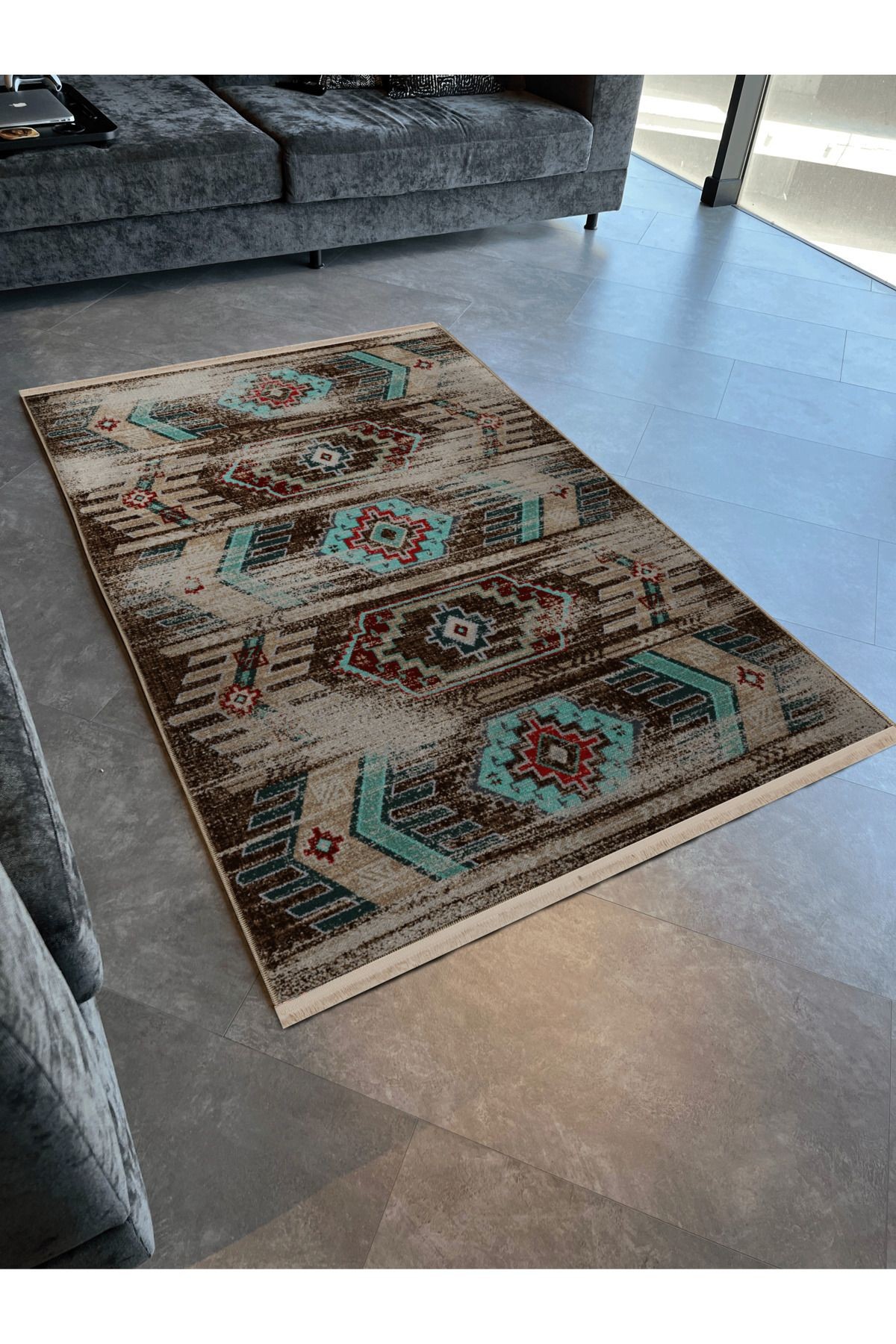 Turkuaz Kahve Temalı Geleneksel Motif Desenli Saçaklı Vintage Dekoratif Halı 3084