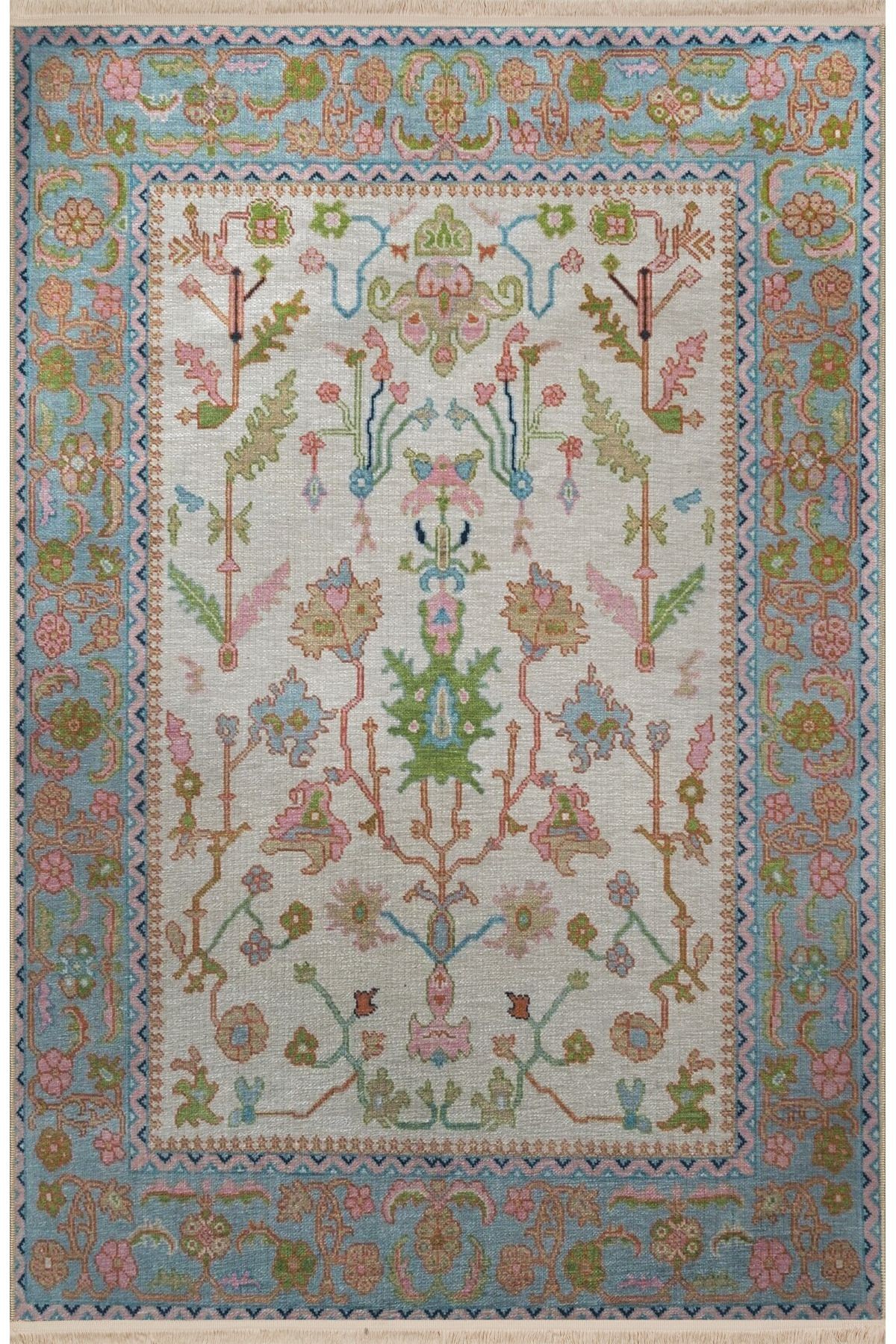 Bej Pudra Temalı Motifli Etnik Çiçek Desenli Kreatif Vintage Dekoratif Halı 2760