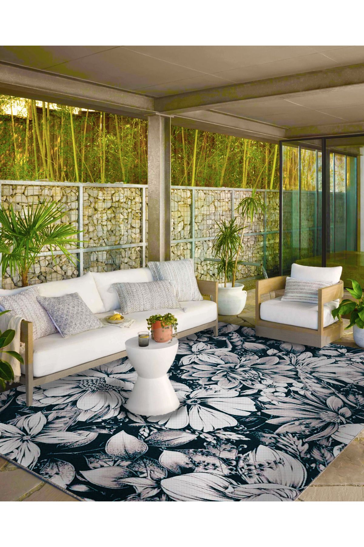 Beyaz Temalı Siyah Floral Çizgili Desenli Dokuma Taban Halı ve Yıkanabilir Halı miravip9924