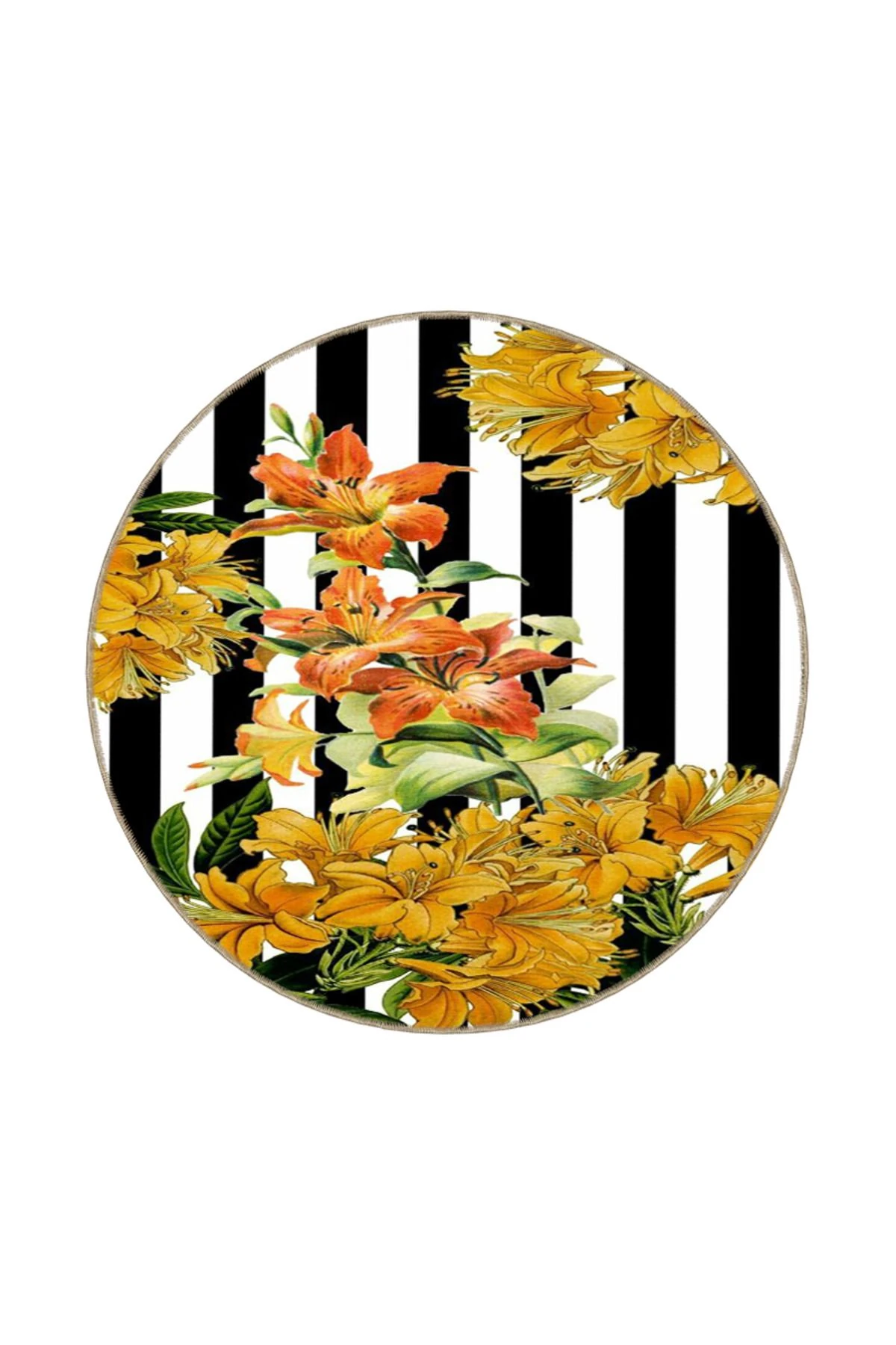 Siyah Beyaz Çizgili Çiçekli Geometrik Desenli Modern Dekoratif Halı miravip235