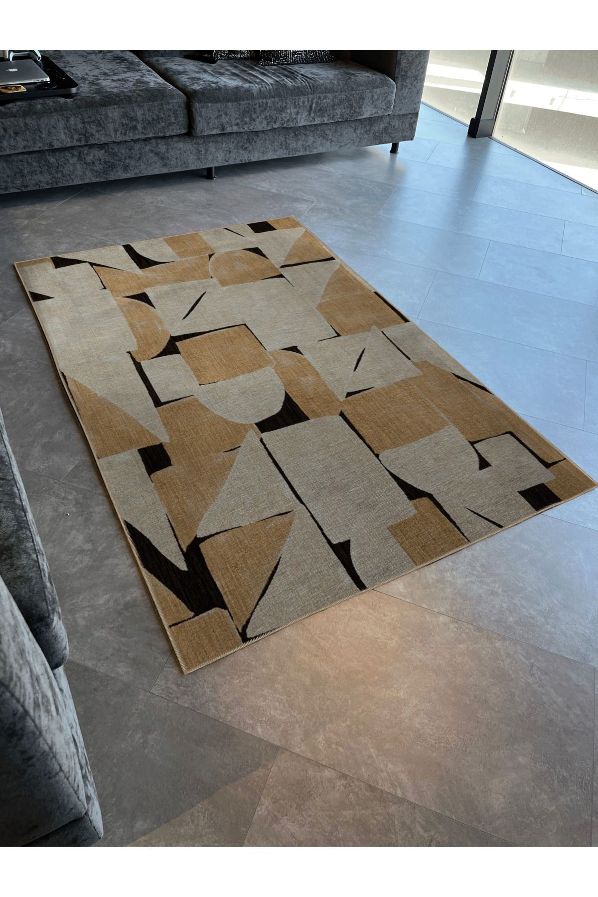 Siyah Bej Temalı Soyut Geometrik Desenli Kreatif Modern Dekoratif Halı 3128