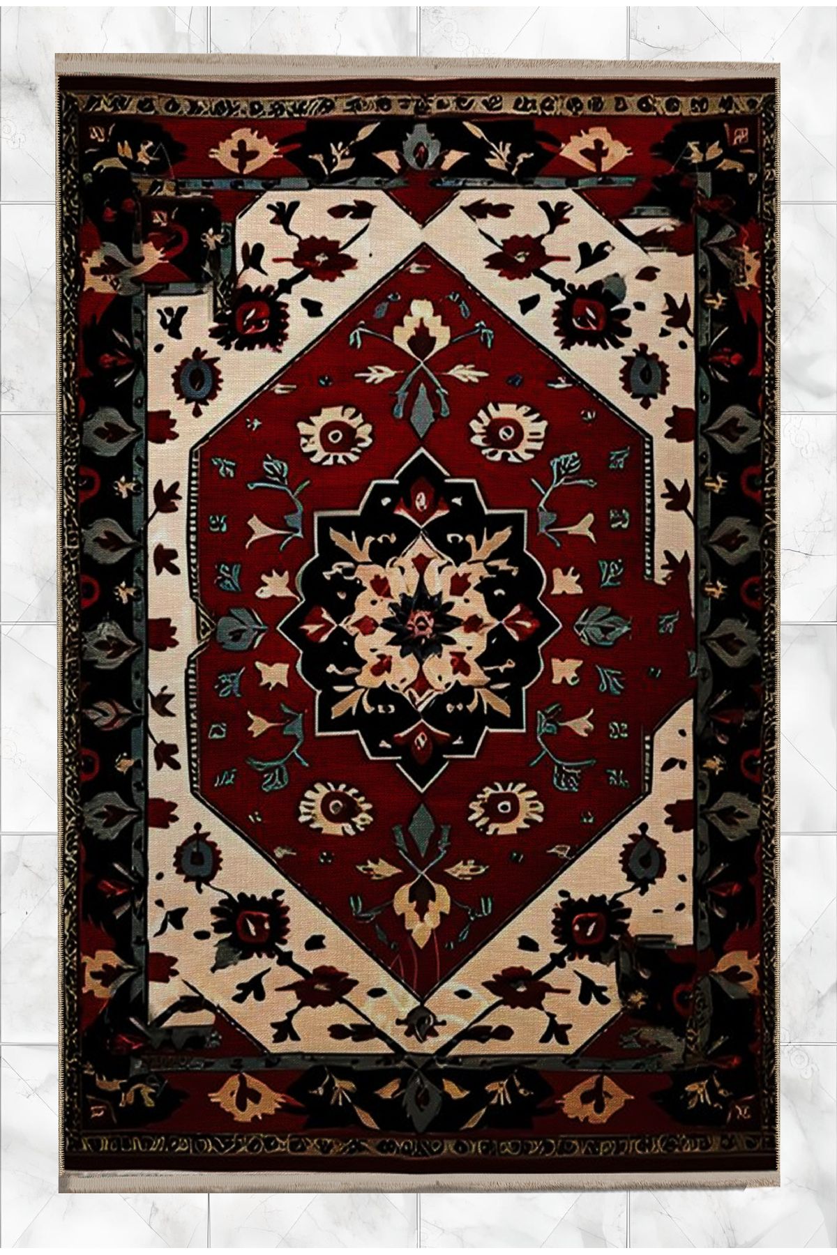 Mira Vintage Bordo Bej Geleneksel Temalı  Çiçek Desenli Dokuma Taban Yıkanabilir Halı miravintage07