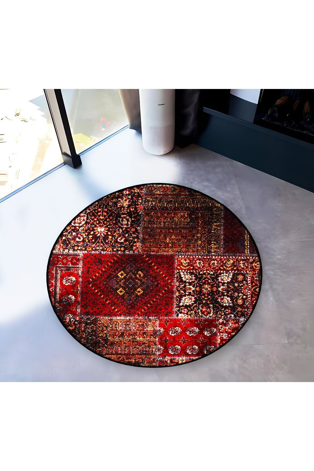 Bordo Tema Etnik Motifler Geleneksel Desenli Yuvarlak Dokuma Taban Vintage Dekoratif Halı 6160