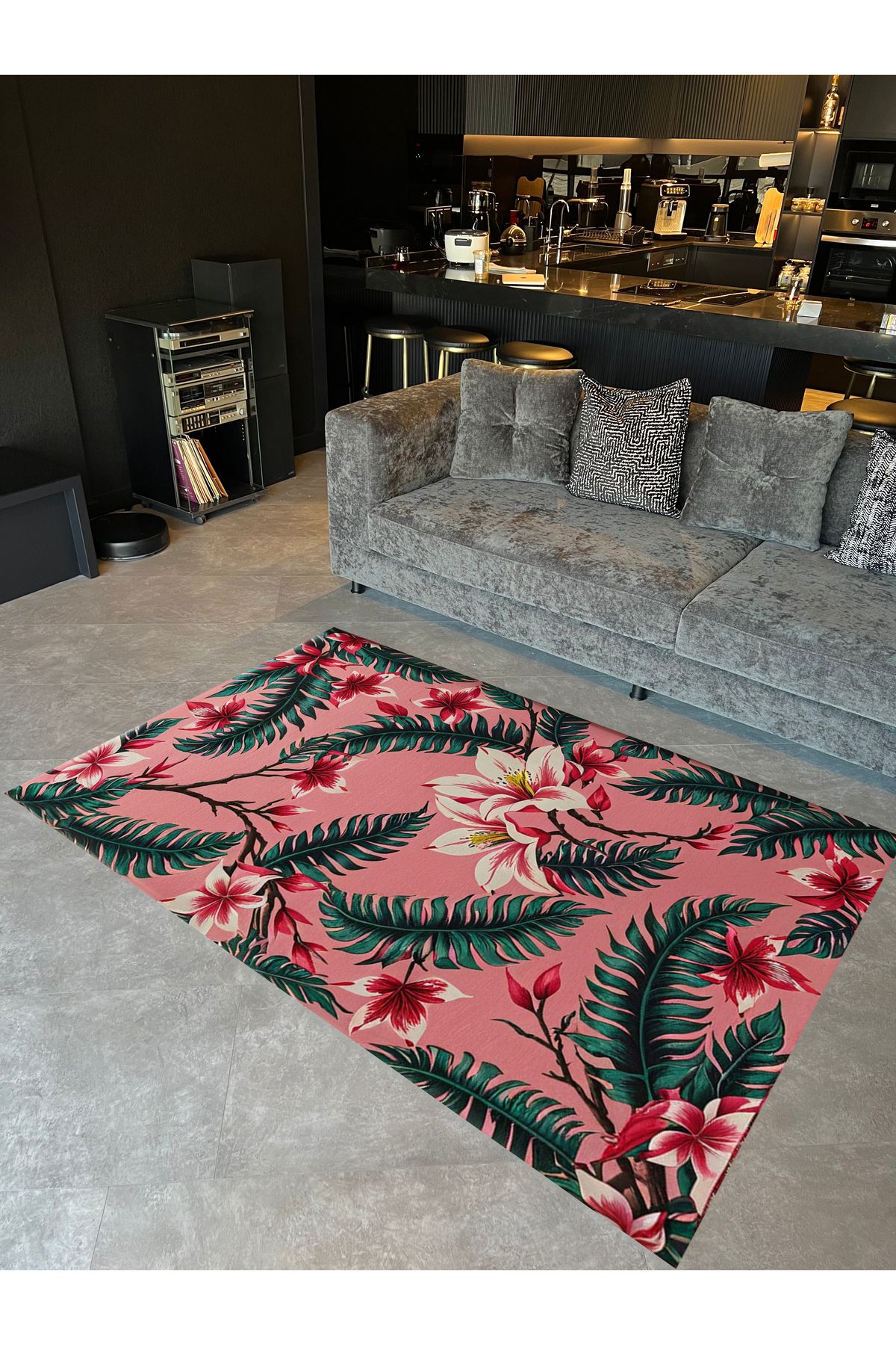 Paris Koleksiyonu Pembe Yeşil Tema Çiçek ve Yaprak Desenli Modern Dekoratif Halı 48