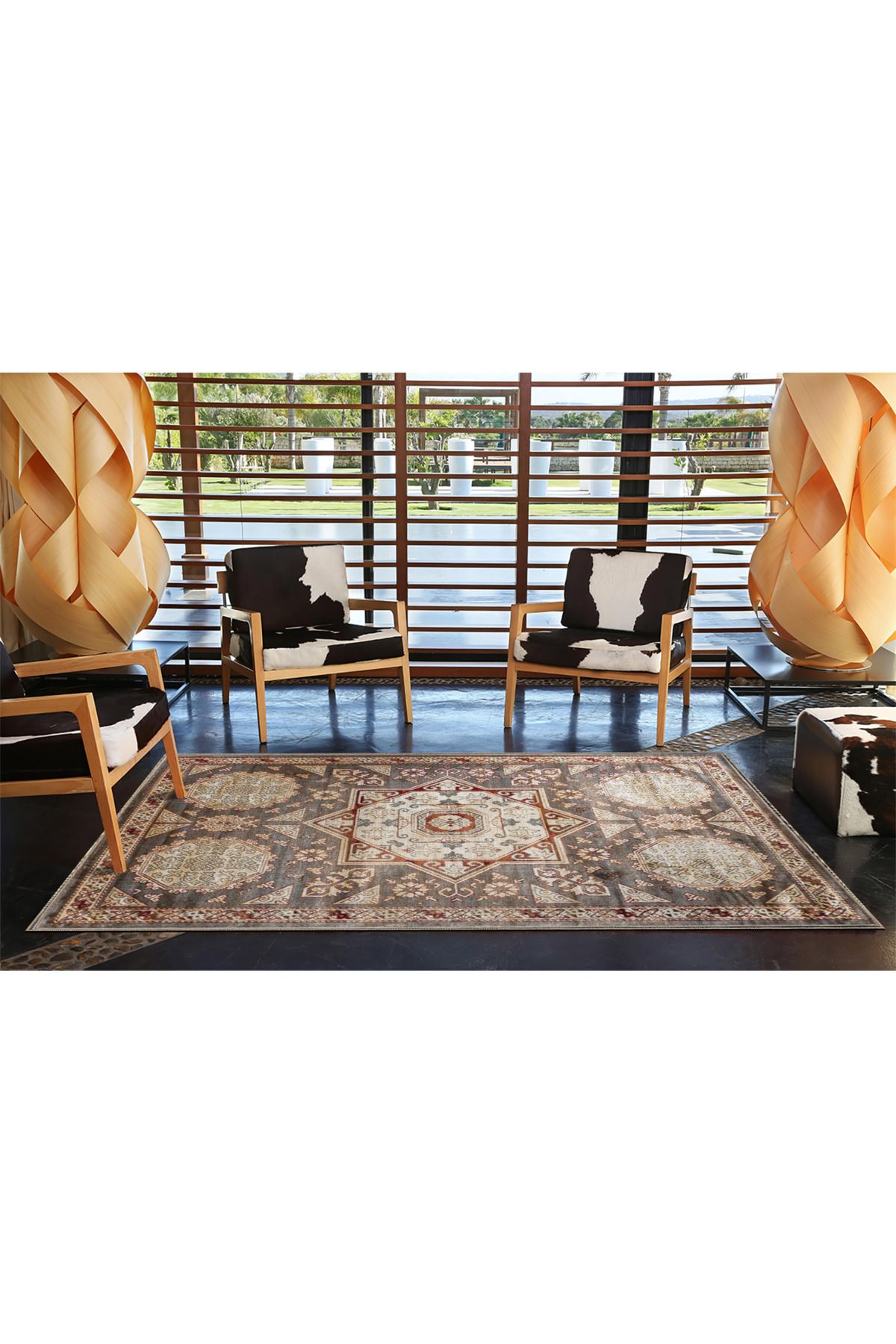 Gri Tonlarında Yıldızlı Geometrik Desenli Dekoratif Halı 4065