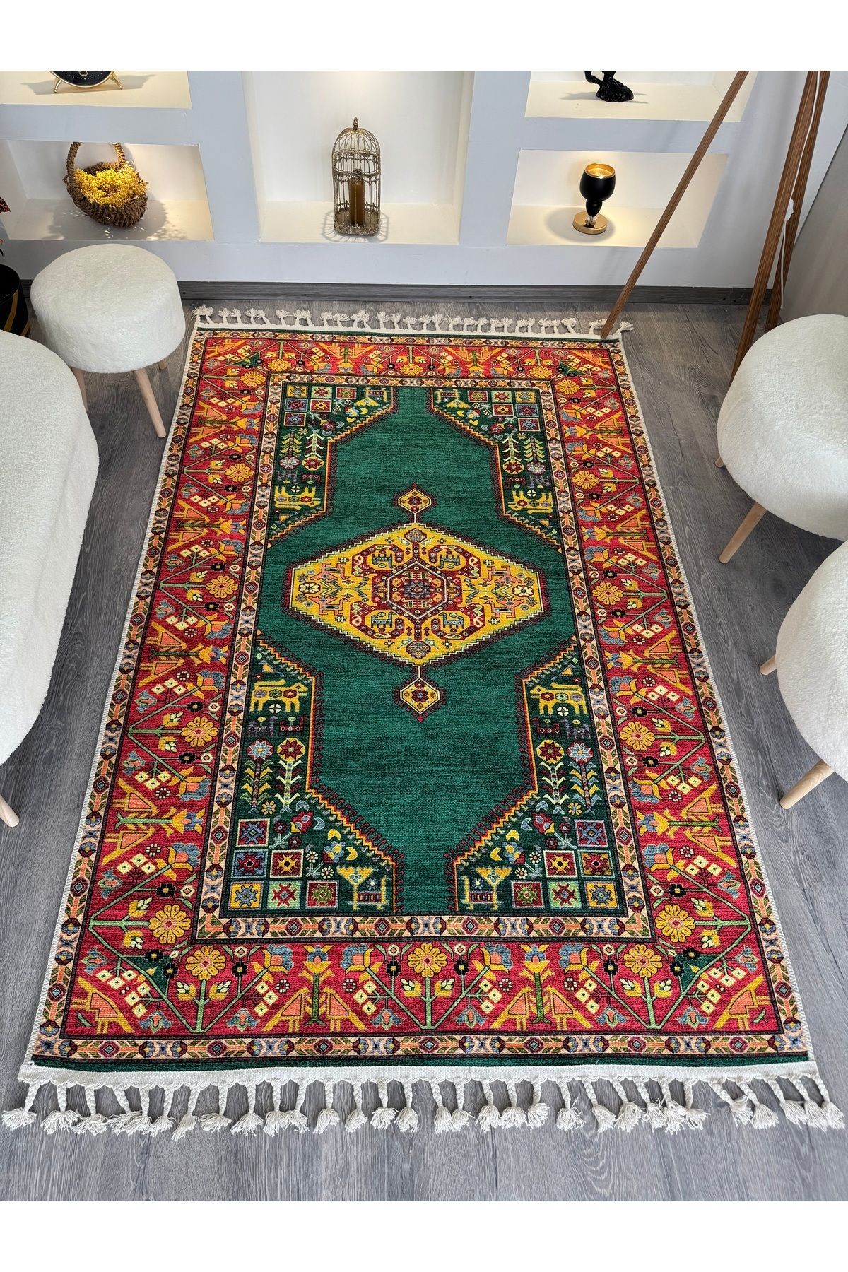 Opal Yeşil Turuncu Antik Desenli Dokuma Taban Modern Dekoratif Halı opal11