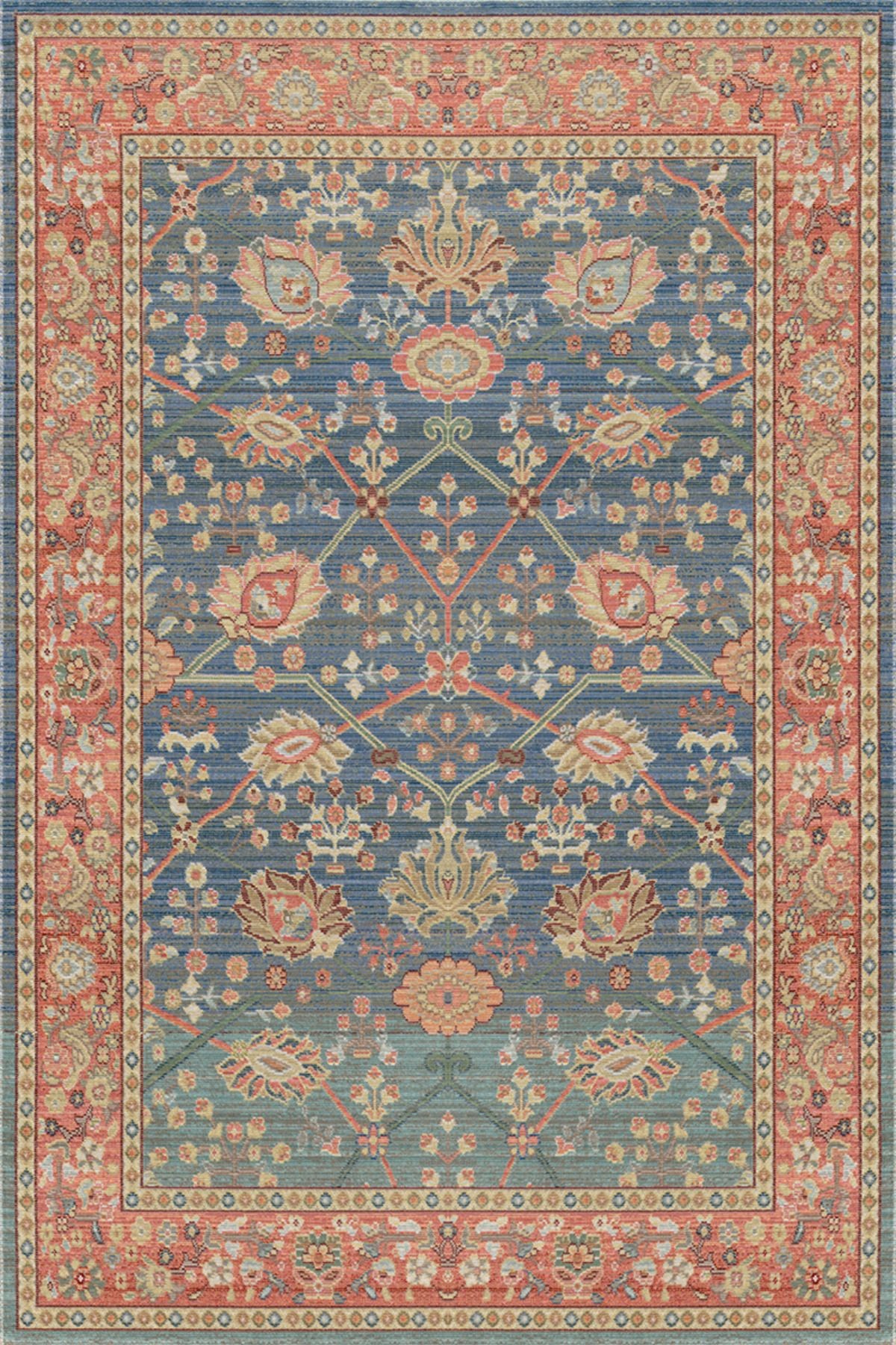 Mira Mavi Kırmızı Geleneksel Çiçek Motif Desen Dekoratif Halı Mira 1542