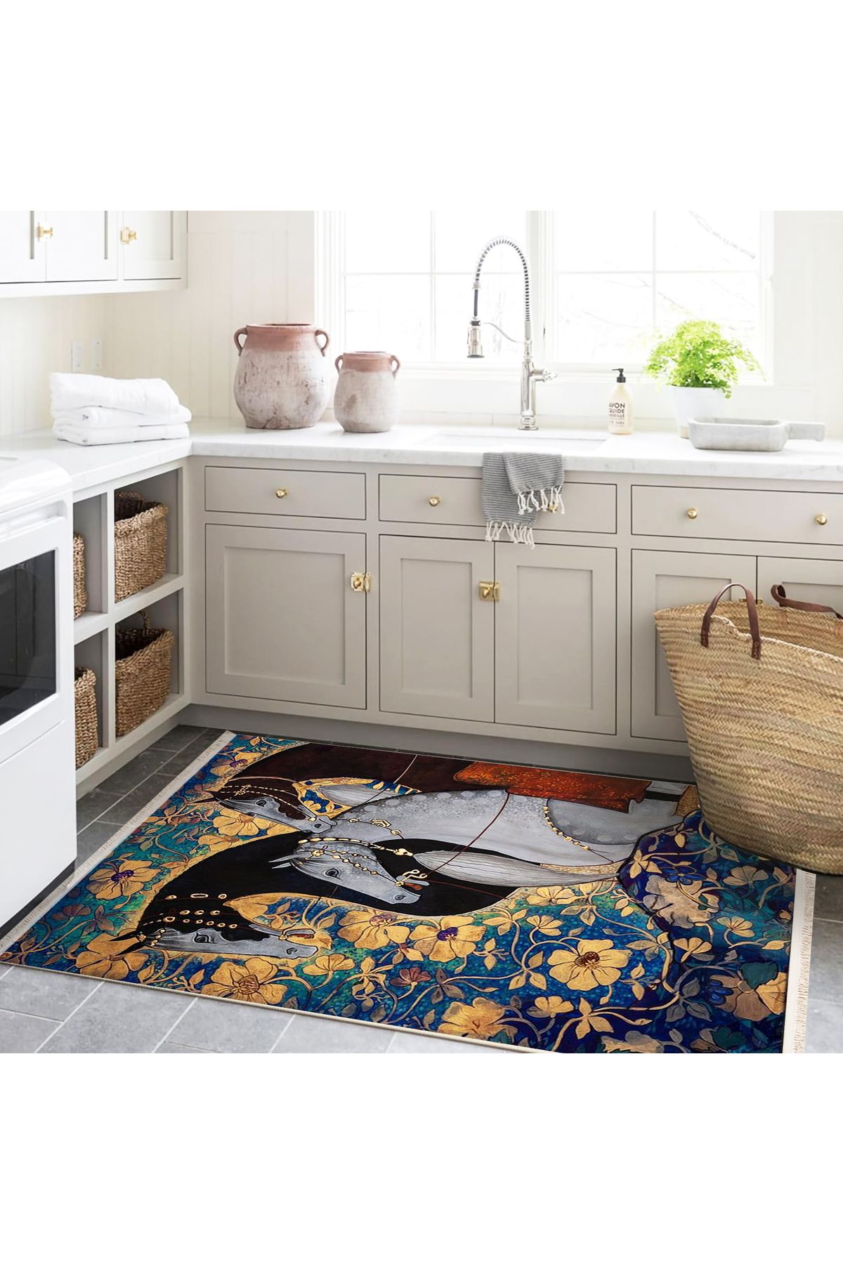 Yılmaz Koleksiyonu Çiçek Temalı Üç Asil At Desenli Dokuma Taban Modern Dekoratif Halı yılmaz27