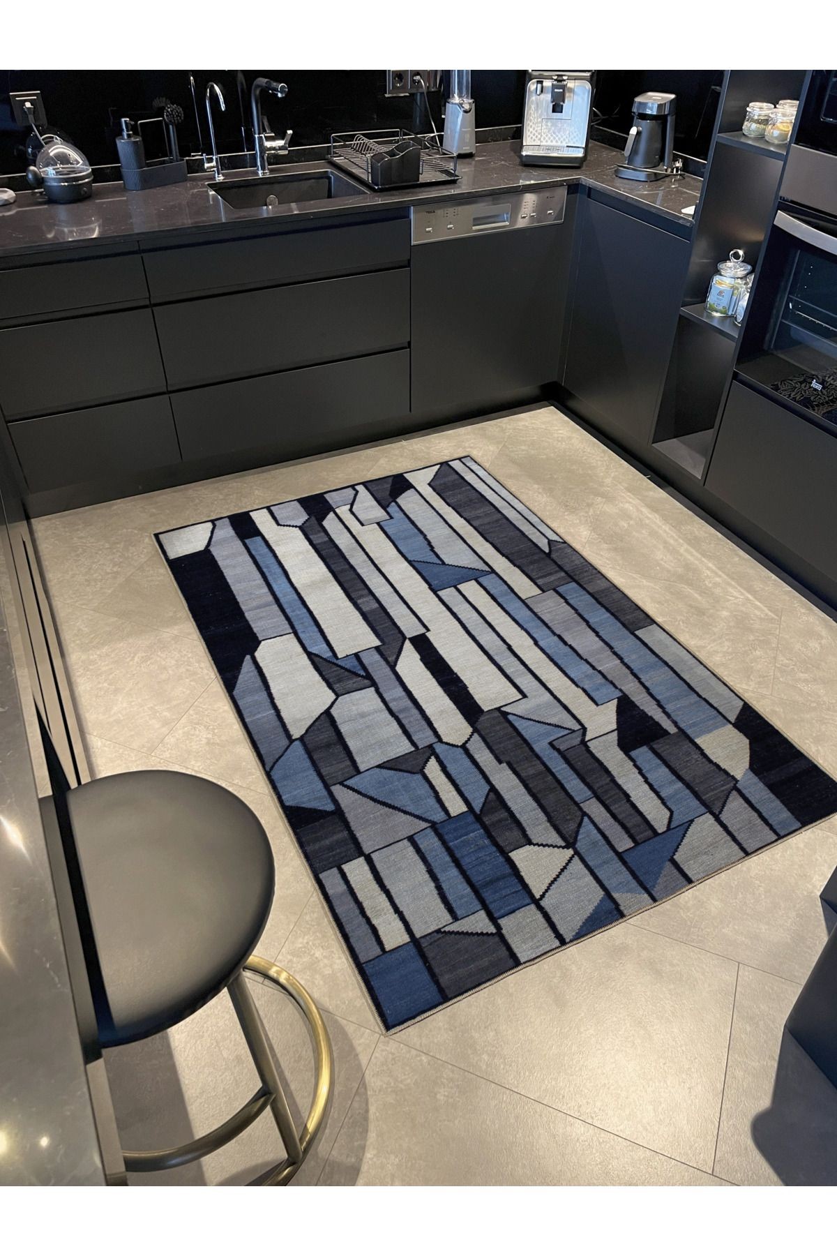 Mavi Gri Temalı Karma Geometrik Şekil Desenli Modern Dekoratif Halı 2709