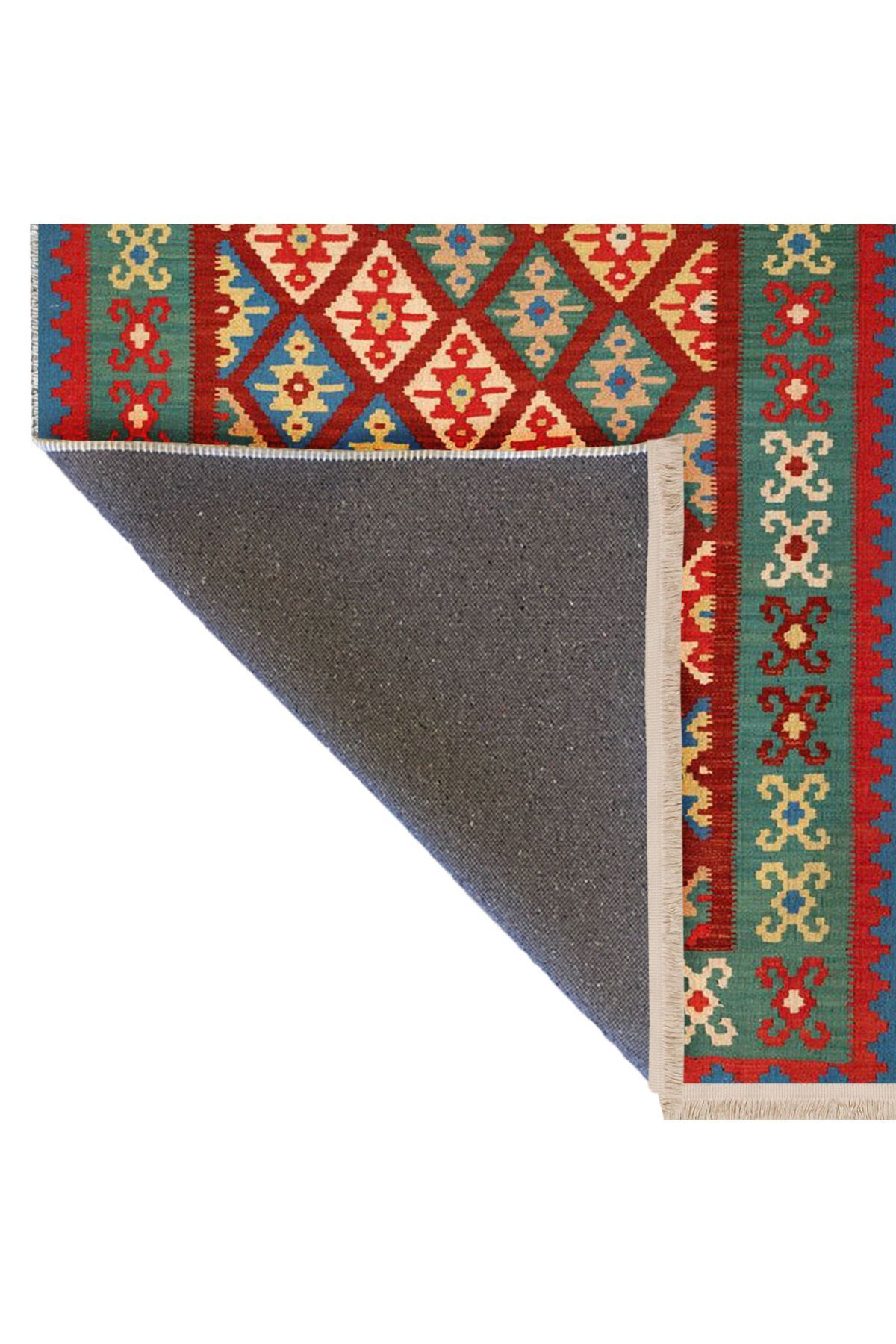 İnci Koleksiyonu Çok Renkli Etnik Motif Desenli Dokuma Taban Vintage Dekoratif Halı inci14