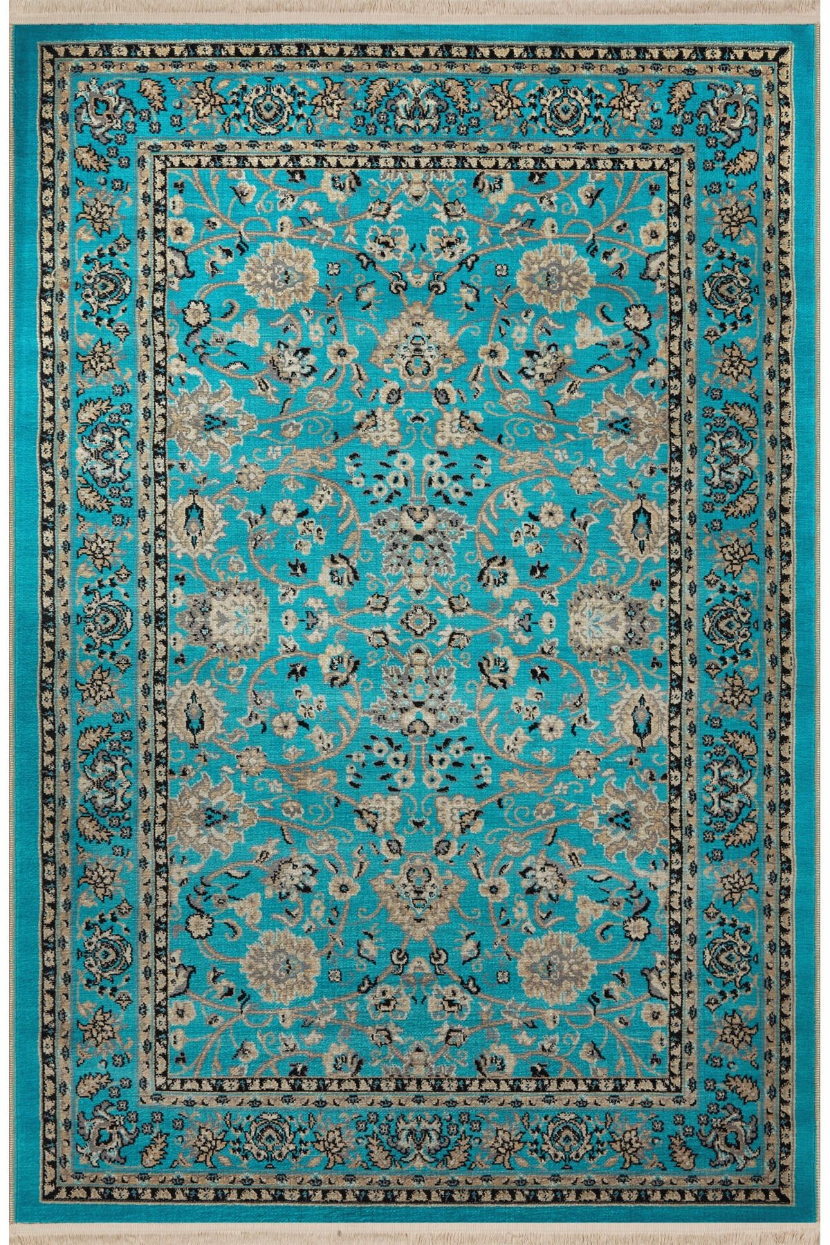 Turkuaz Temalı Motifli Etnik Çiçek Desenli Kreatif Vintage Dekoratif Halı 2807