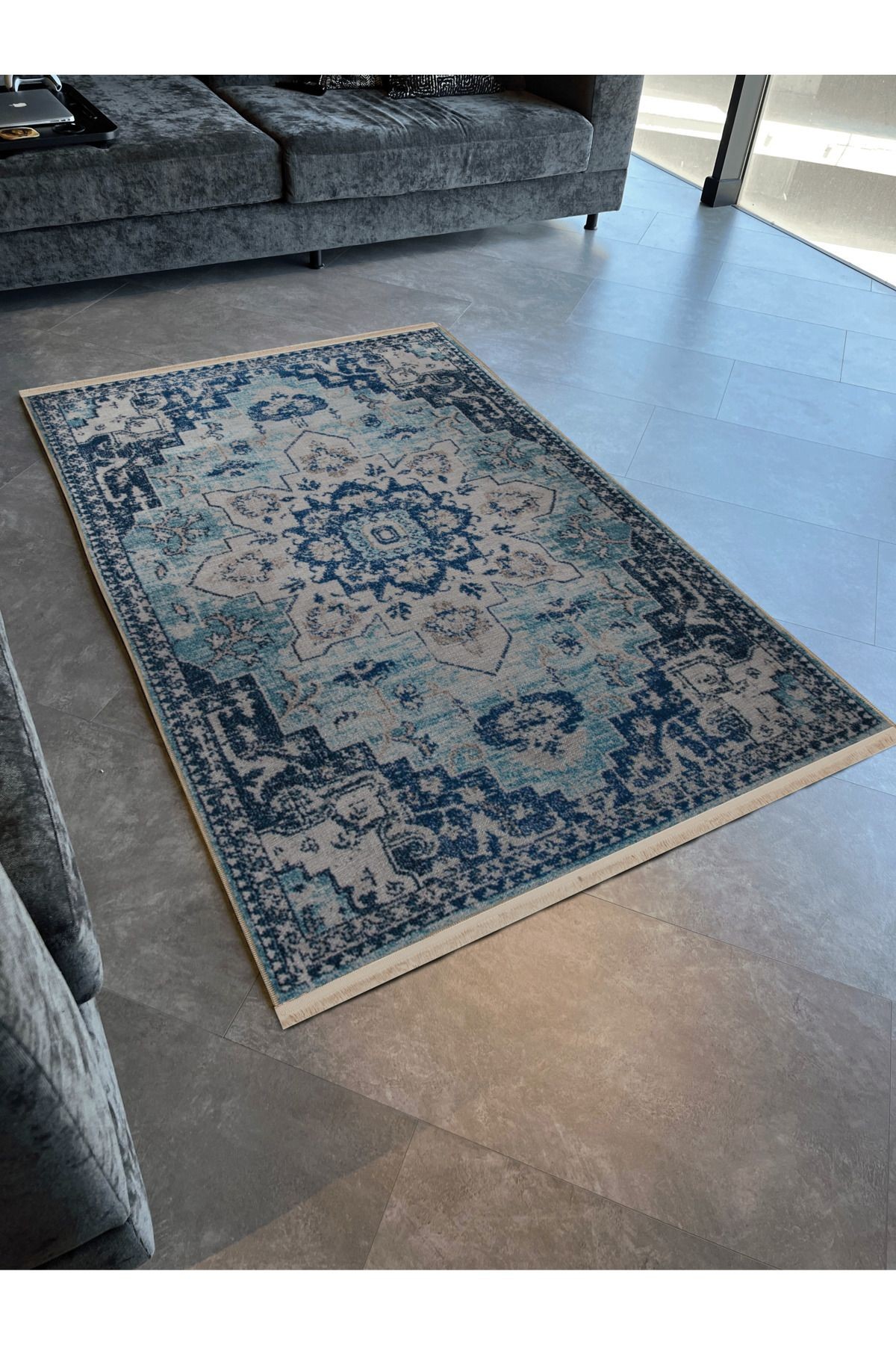 Mavi Temalı Geleneksel Motif Desenli Kreatif Vintage Dekoratif Halı 2966