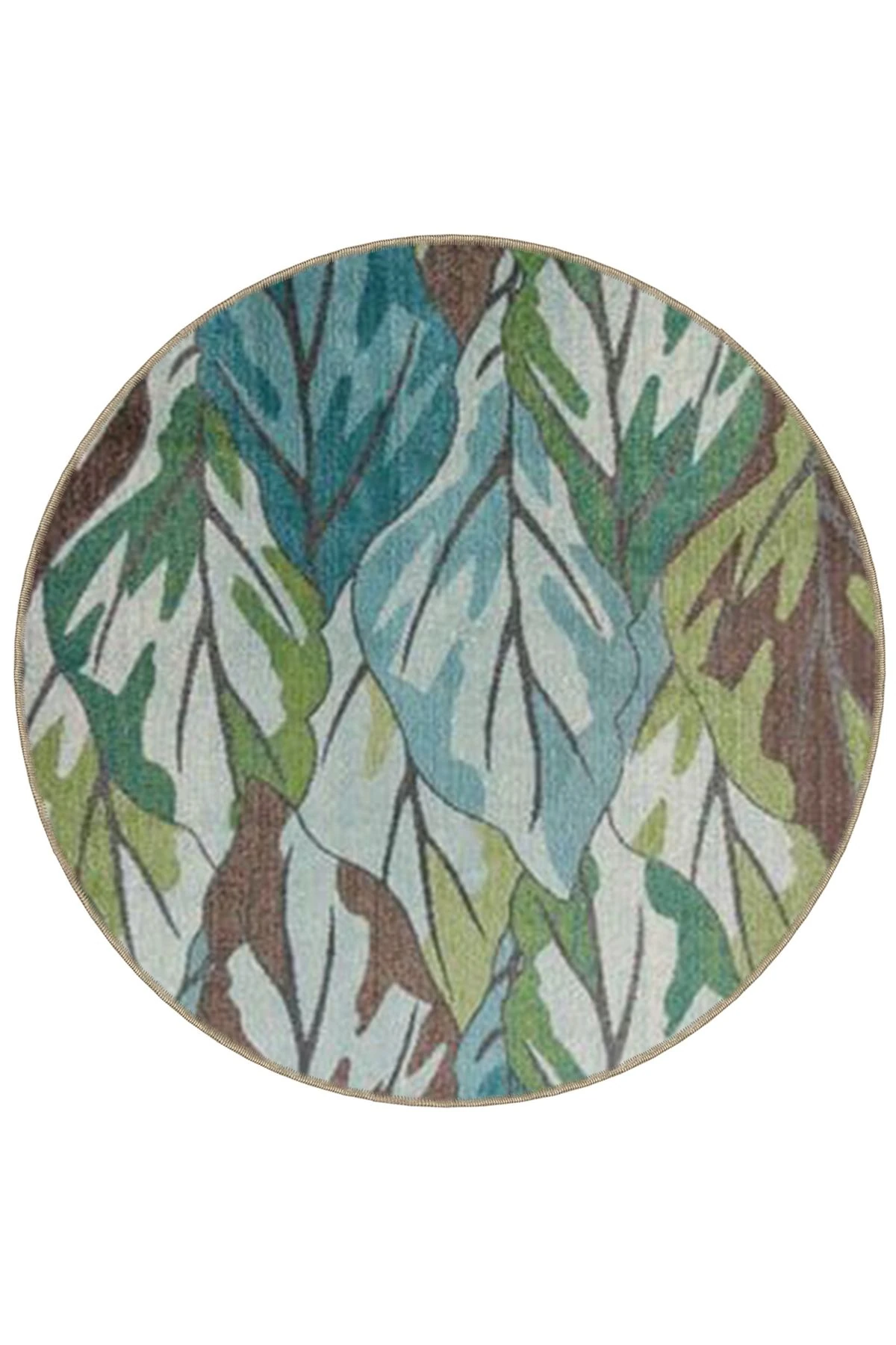 Mira Yuvarlak Yeşil Mavi Yapraklar Dokuma Taban Modern Dekoratif Halı 5572