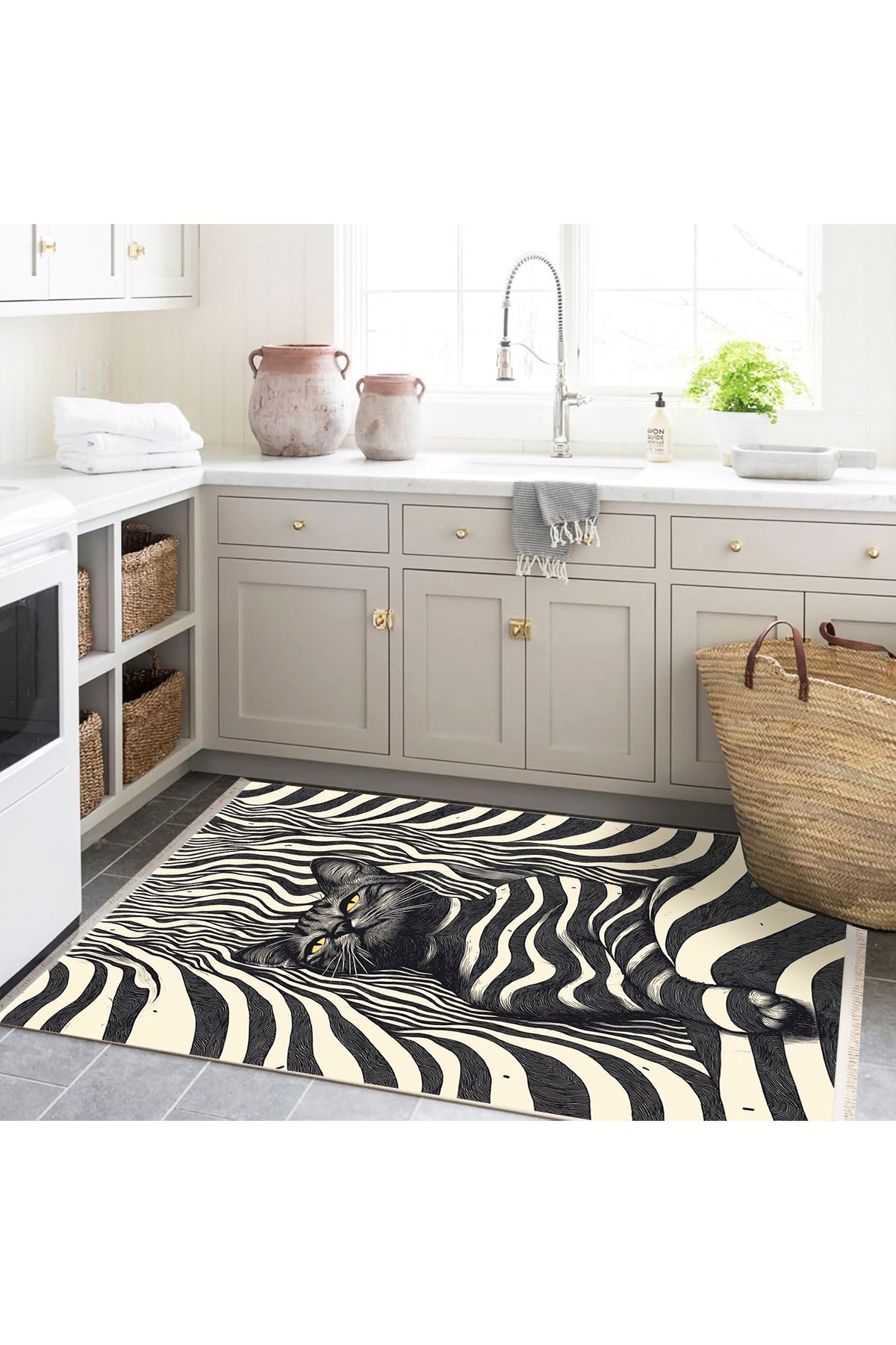 Efe Koleksiyonu Zebra Çizgiler Detaylı Asil Kedi Desenli Dokuma Taban Modern Dekoratif Halı 11