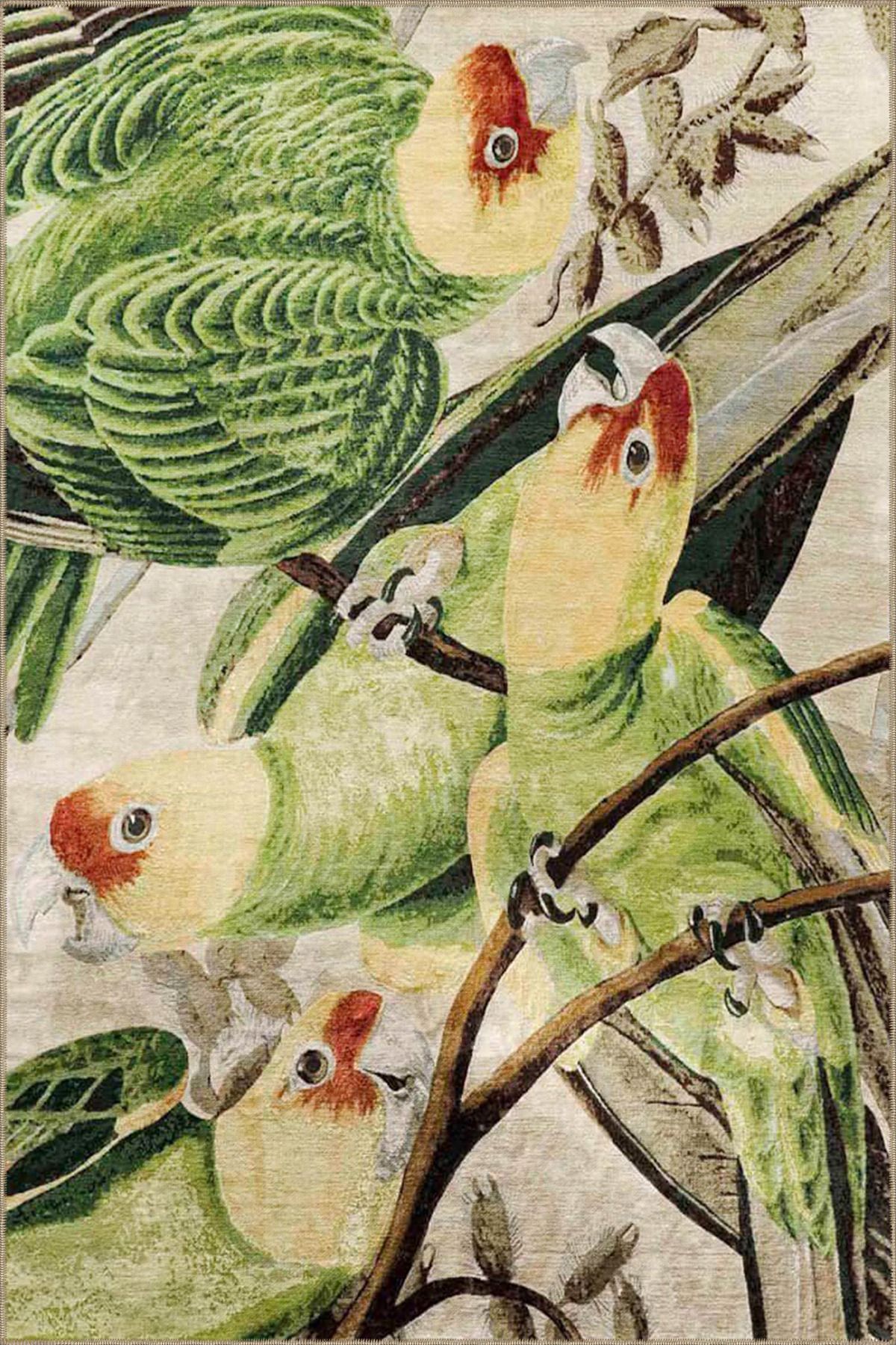 Yaprak ve Papağan Kuş Renkli Desenli Dokuma Taban miravip652