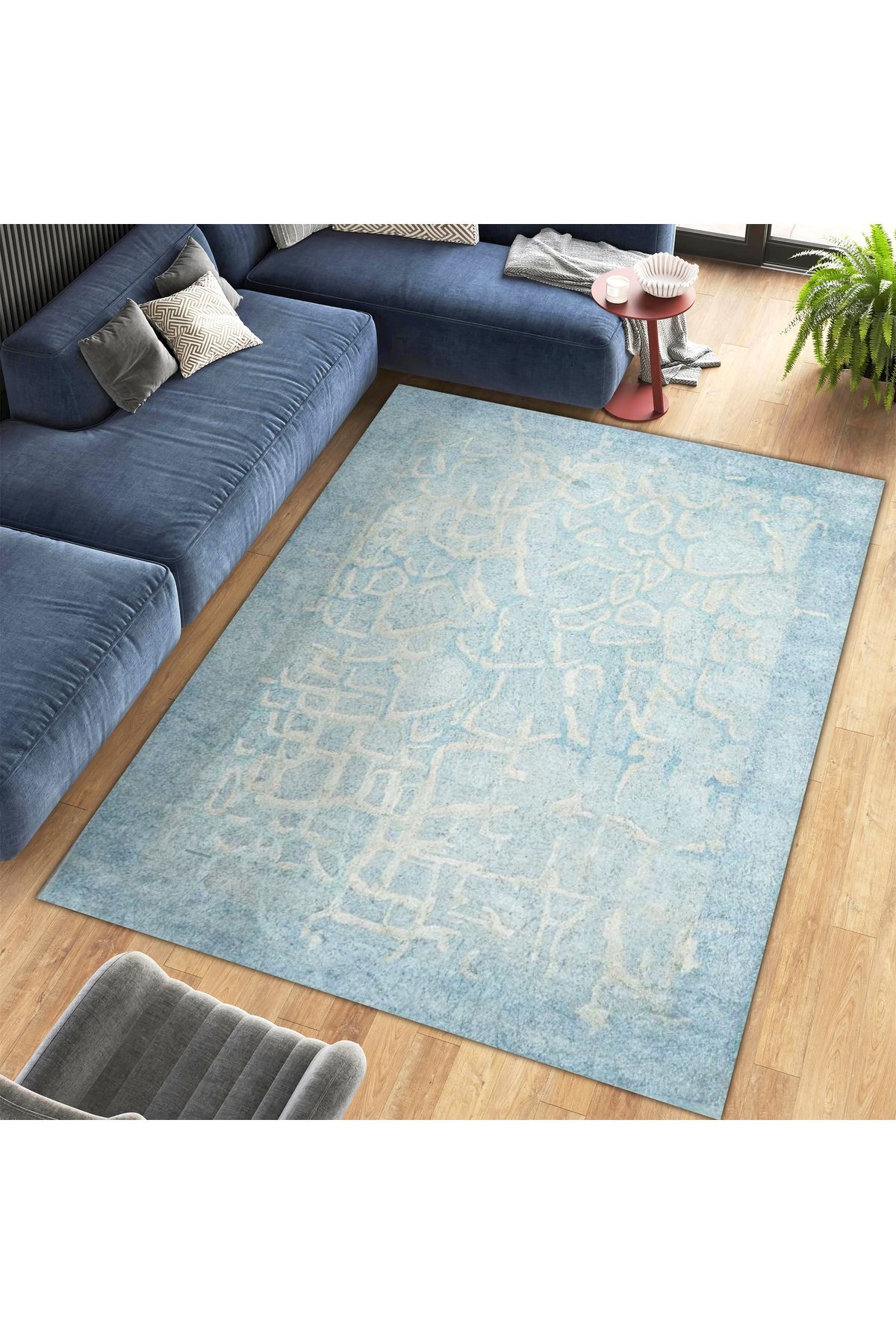 Aysu Koleksiyonu Çok Renkli Mavi Soyut Desenli Dokuma Taban Modern Dekoratif Halı aysu40