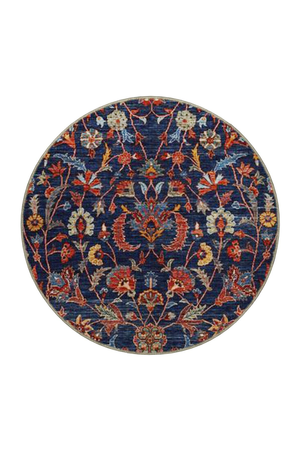 Lacivert Turuncu Temalı Geleneksel Motif Çiçek Desenli Vintage Dekoratif Halı 3817