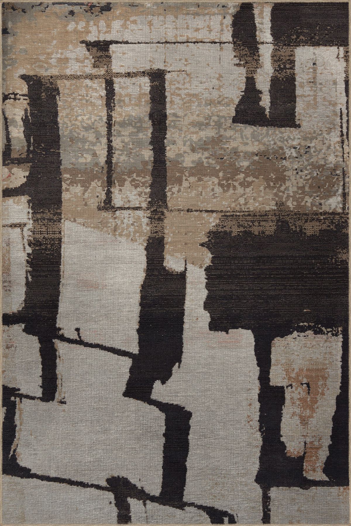 Siyah Bej Temalı Abstract Soyut Desenli Kreatif Modern Dekoratif Halı 3006