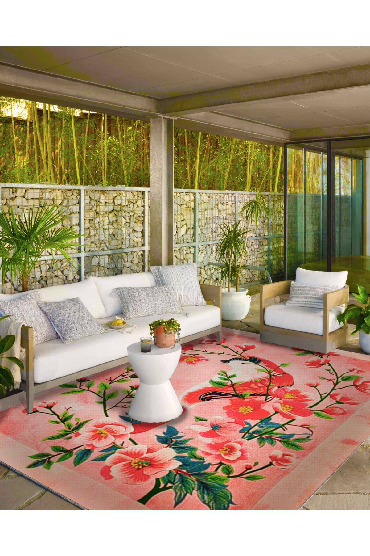 Paris Koleksiyonu Pembe Temalı Çiçek Sarmaşık ve Kuş Desenli Modern Dekoratif Halı 141