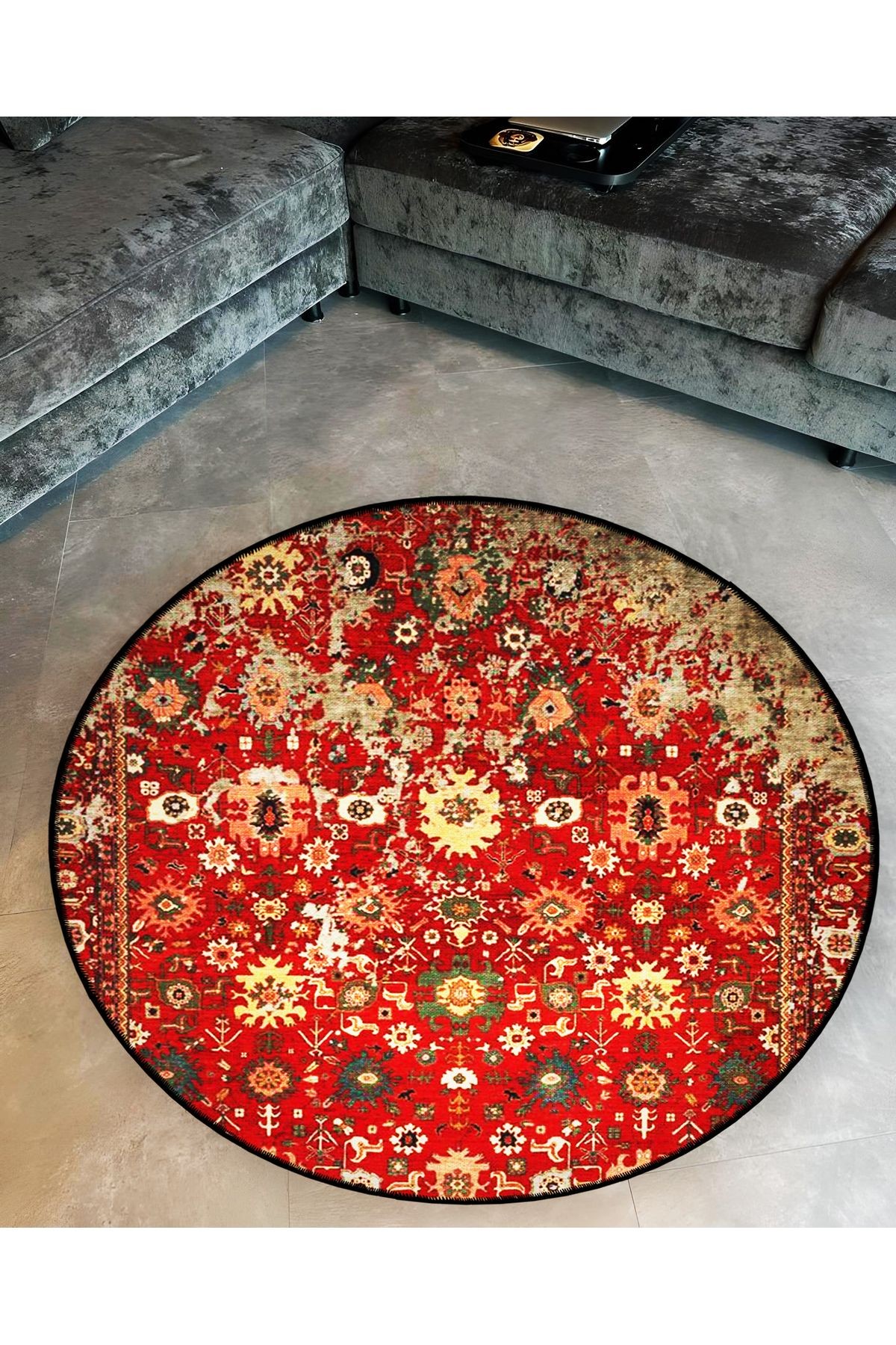 Kırmızı Temalı Geleneksel Motif Desenli Yuvarlak Dokuma Taban Vintage Dekoratif Halı 6189