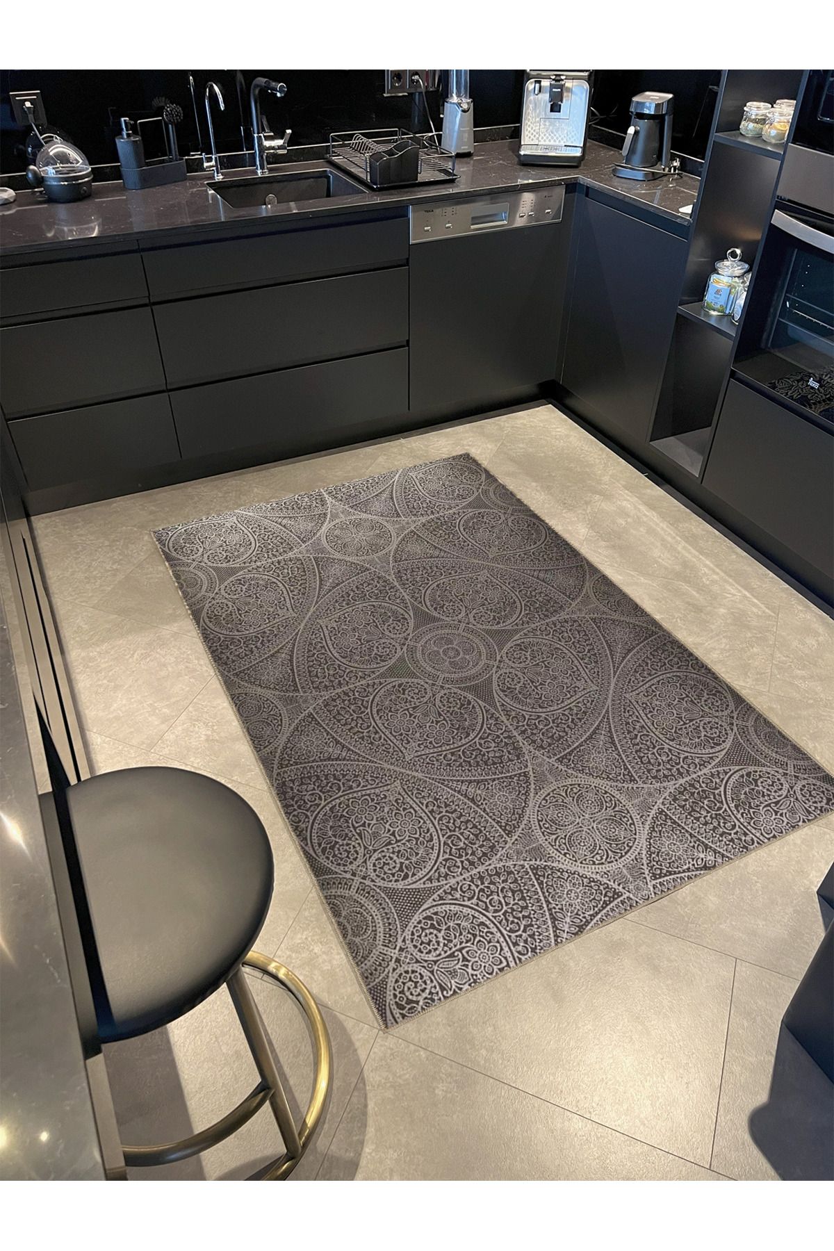 Gri Temalı Yıldız ve Daire Şekil Motif Desenli Vintage Dekoratif Halı 4909