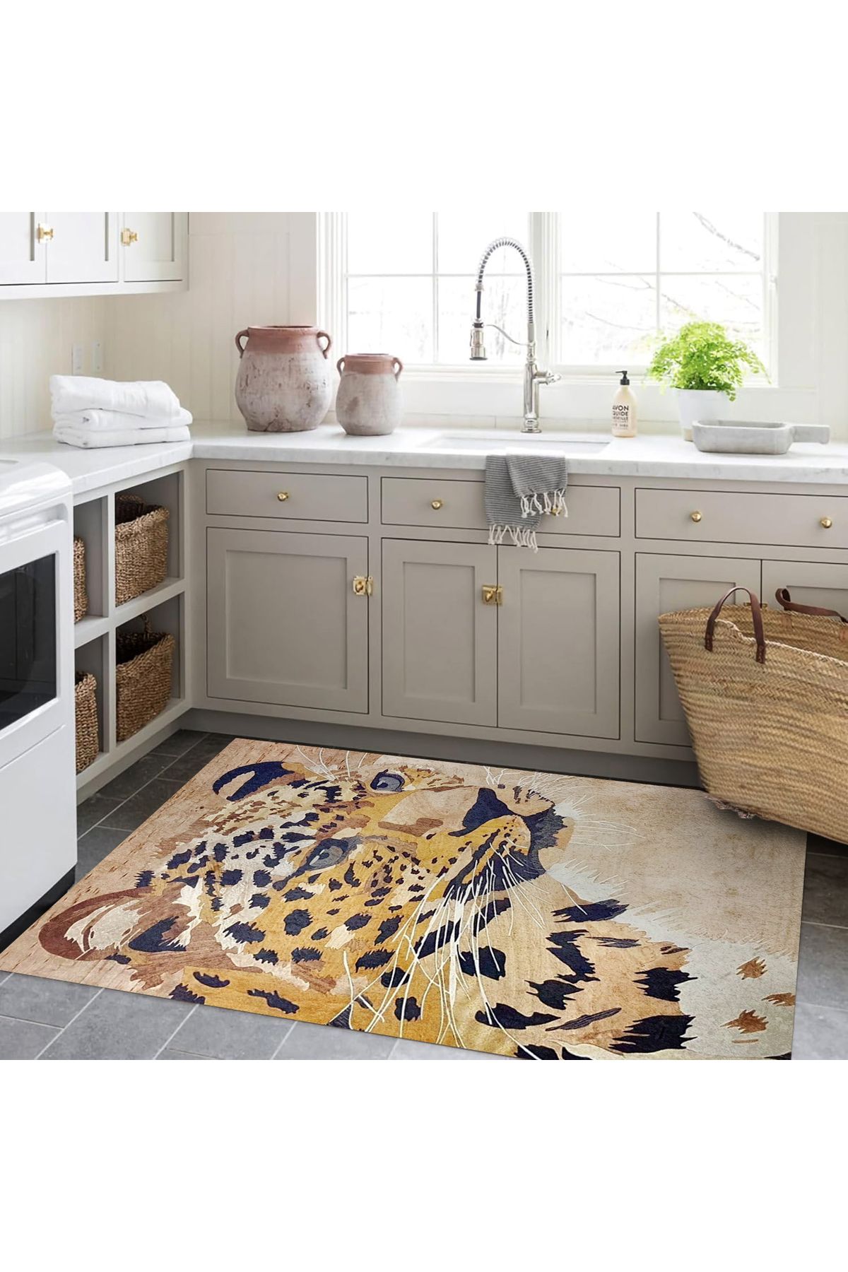 Kuzey Koleksiyonu Sarı Bej Tonlarda Kaplan Desenli Dokuma Taban Modern Dekoratif Halı kuzey28