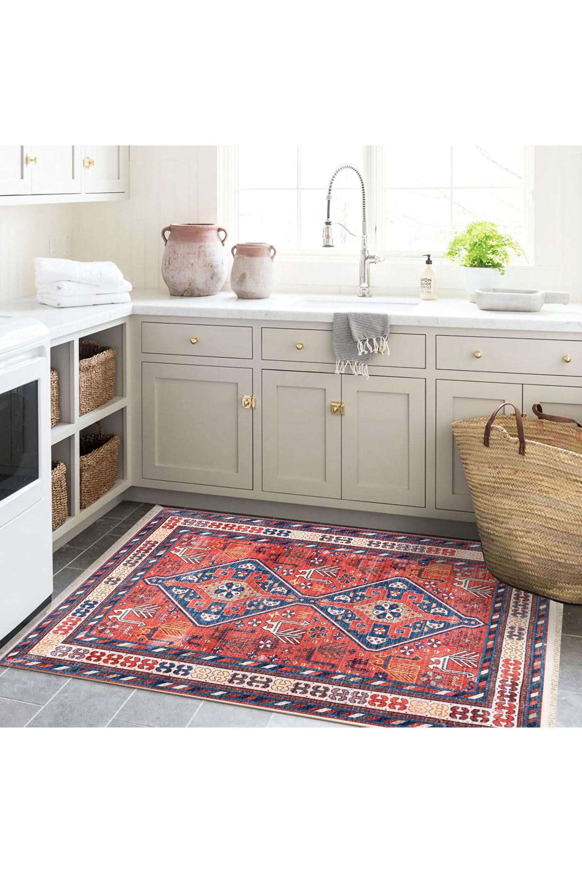 Alya Koleksiyonu Eskitme Görünümlü Mavi Bej Kırmızı Desenli Dokuma Taban Dekoratif Halı alya33