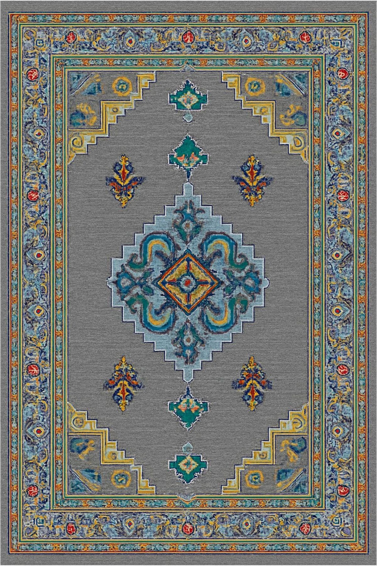 MOSSO Gri Mavi Geleneksel Desenli Dokuma Taban Modern Dekoratif Halı mosso107