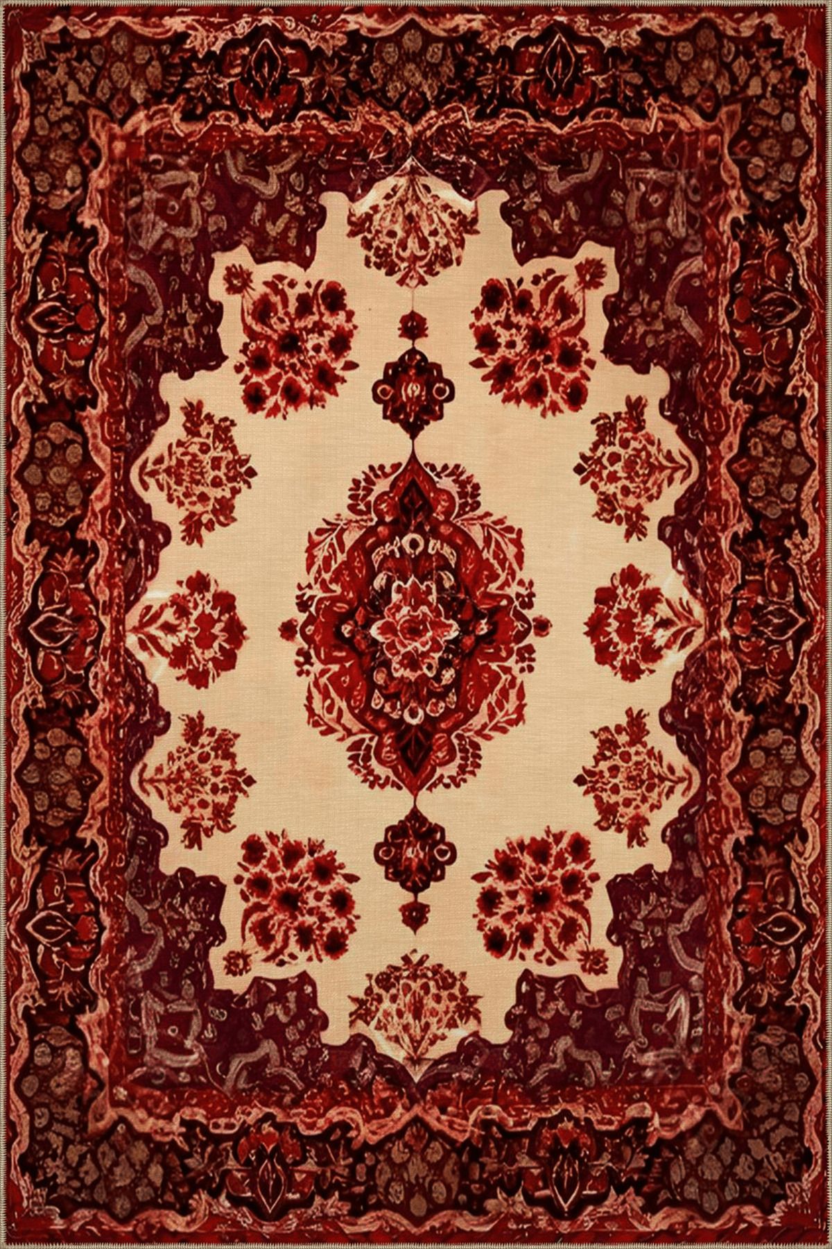 Bordo Temalı Geleneksel Motif Çiçek Desenli Vintage Dekoratif Halı 5126