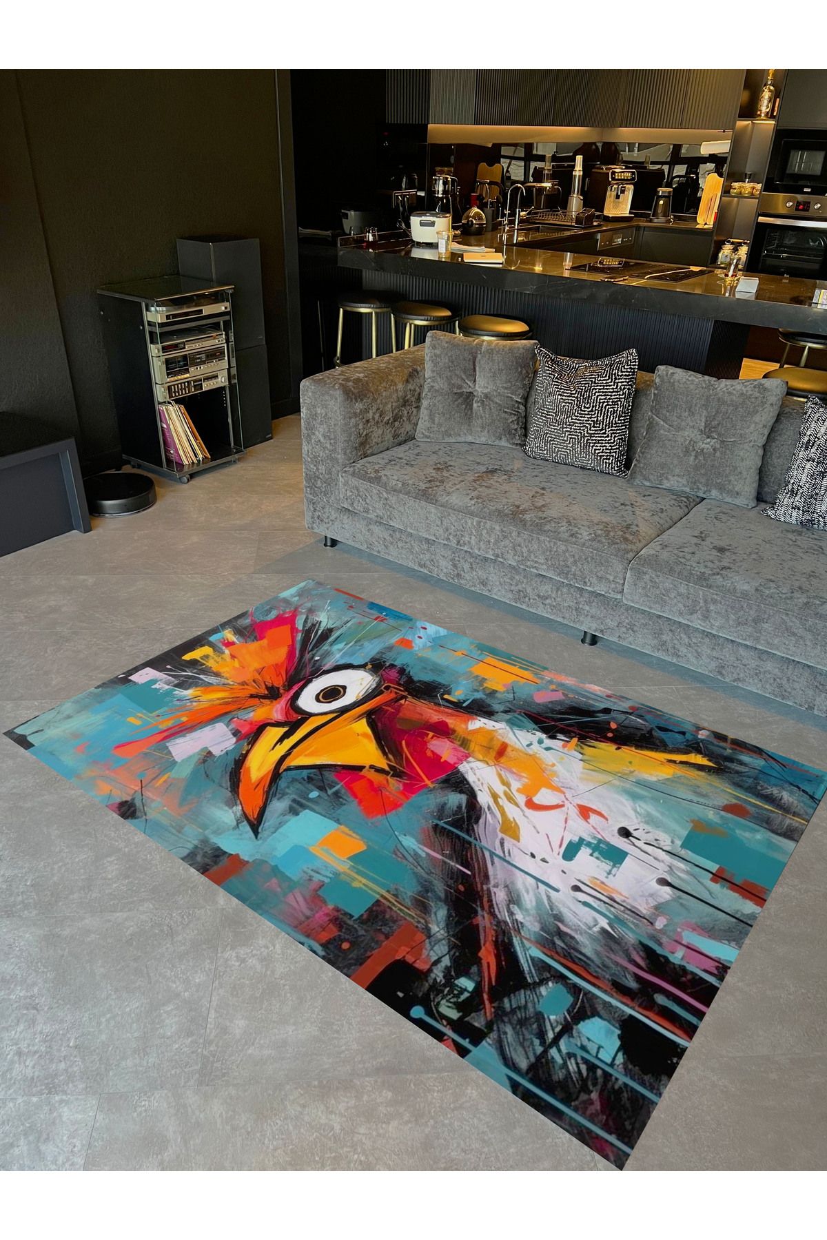 Kemal Koleksiyonu Renkli Karikatür Horoz Desenli Dokuma Taban Kreatif Modern Dekoratif Halı 44