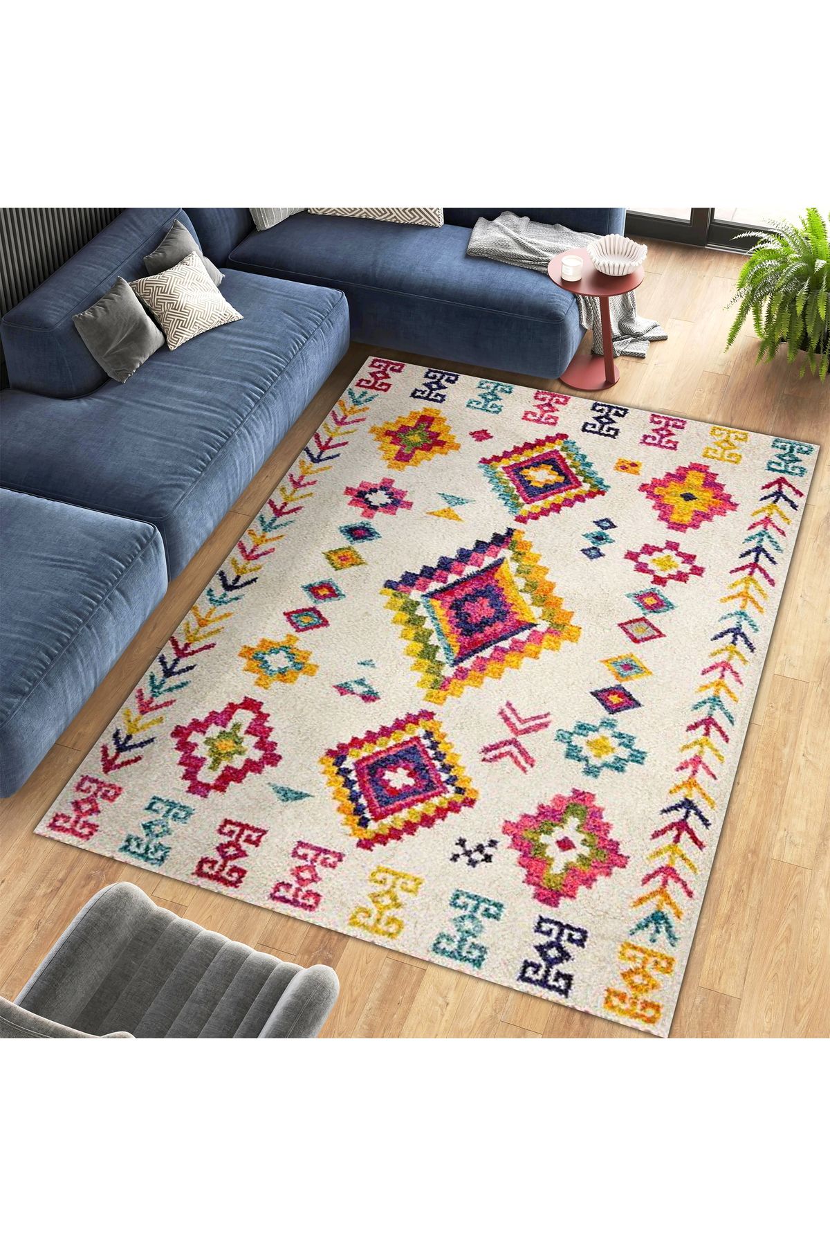 Kuzey Koleksiyonu Çok Renkli Etnik Desenli Dokuma Taban Dekoratif Halı kuzey02