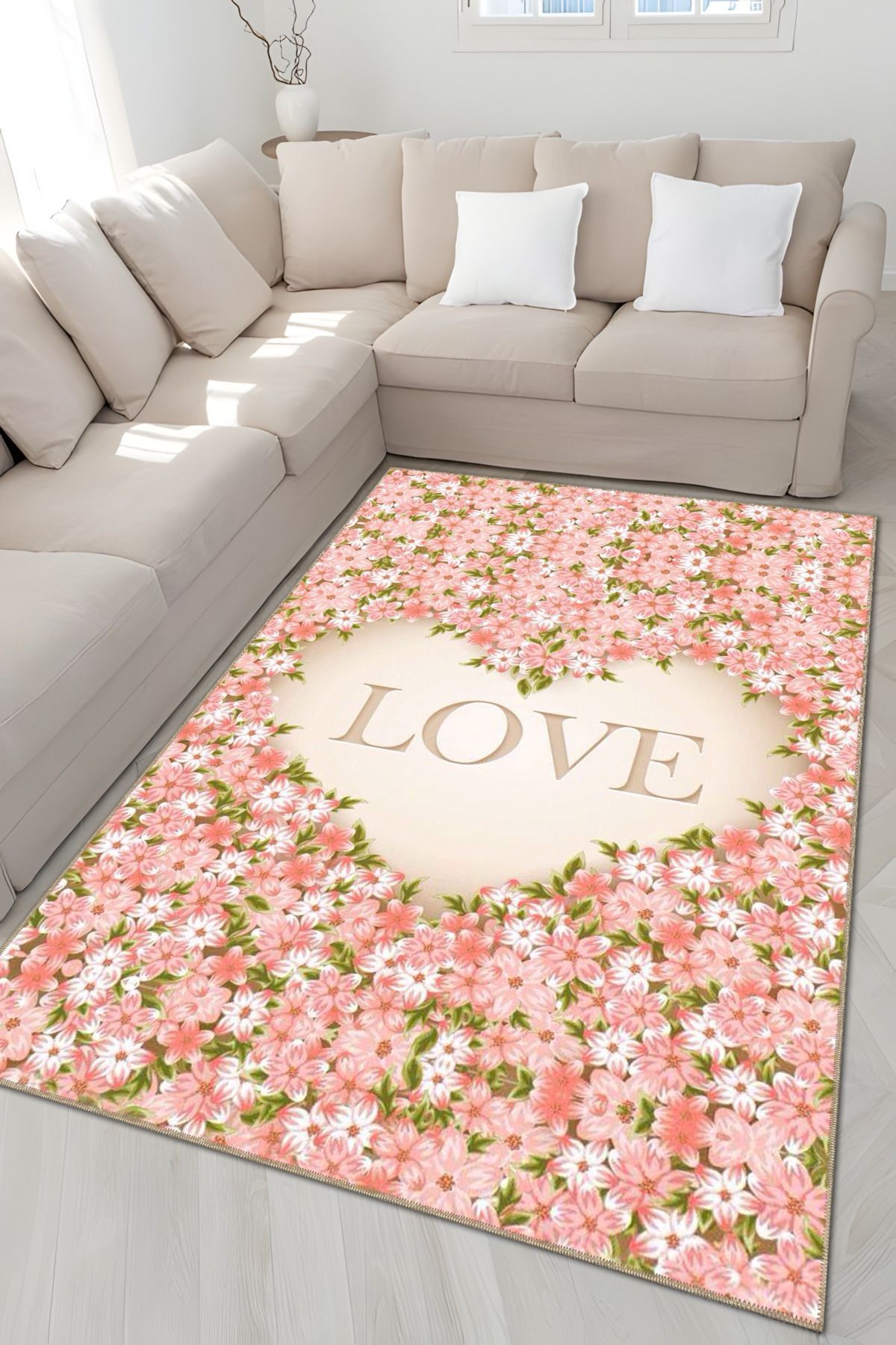 Bej Tema Pembe Çiçek Demeti ve Love Yazı Desenli Modern Dekoratif Halı 4998