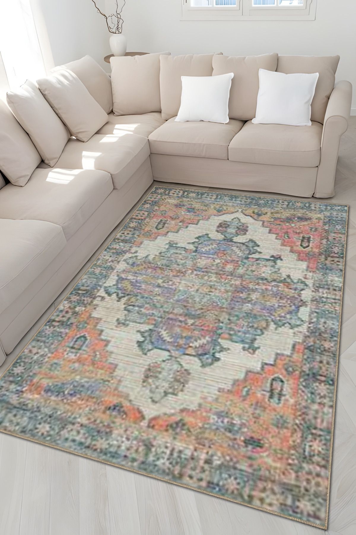Açık Mavi ve Turuncu Temalı Geleneksel Motif Desenli Vintage Dekoratif Halı 5006