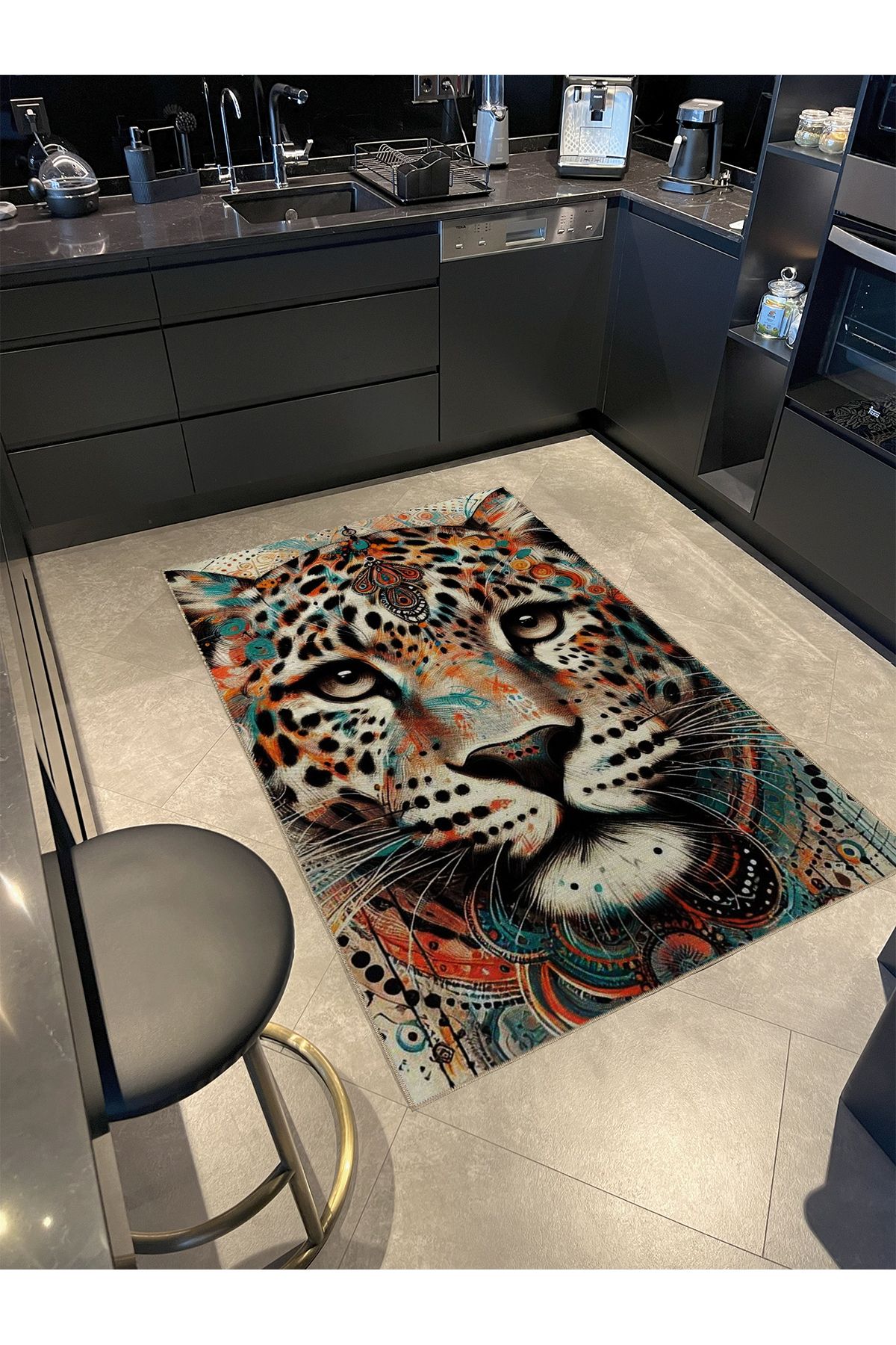 Animal Koleksiyonu Çok Renkli Etnik Detaylı Kaplan Dokuma Taban Yıkanabilir Halı animal22