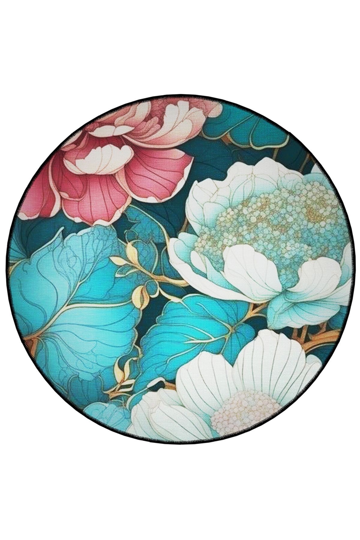 Çok Renkli Floral Çiçek Gül Desenli Yuvarlak Dokuma Taban Modern Dekoratif Halı 6203